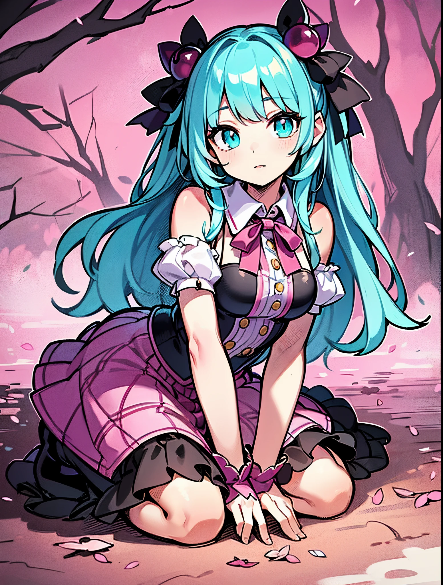 (detailed beautiful eyes and detailed face, masterpiece side light, masterpiece, best quality, detailed, high resolution illustration), (1 girl, beautiful girl, shiny skin), (sky blue hair, pink colored eyes, skirt, ribbon, button- pastel pink gothic lolita)(kneeling on the ground), cherry blossom tree background