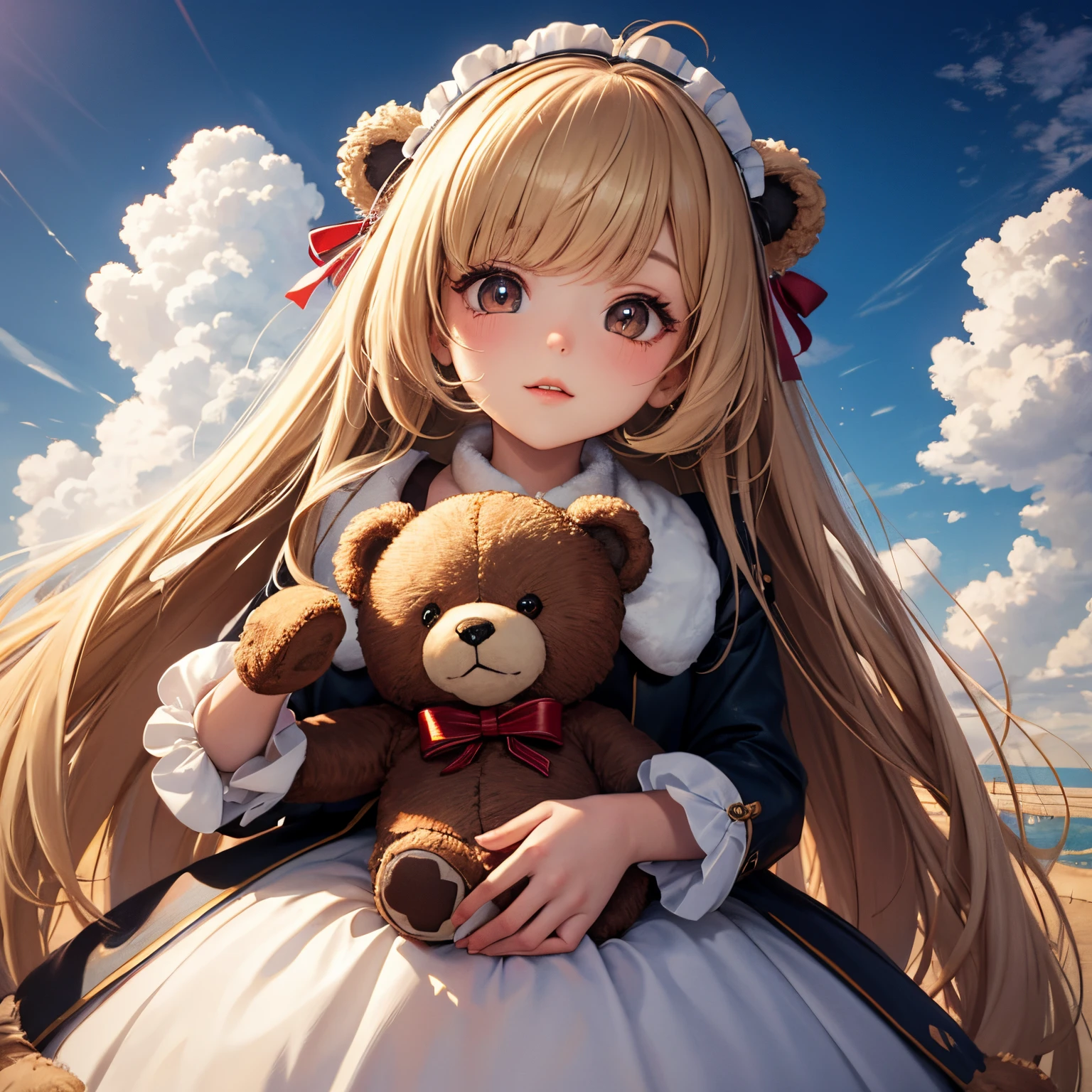 Cute furry Teddy Bear baby，Gorgeous and dreamy background，Ultra HD large image，No girls，Just a teddy bear，artist style