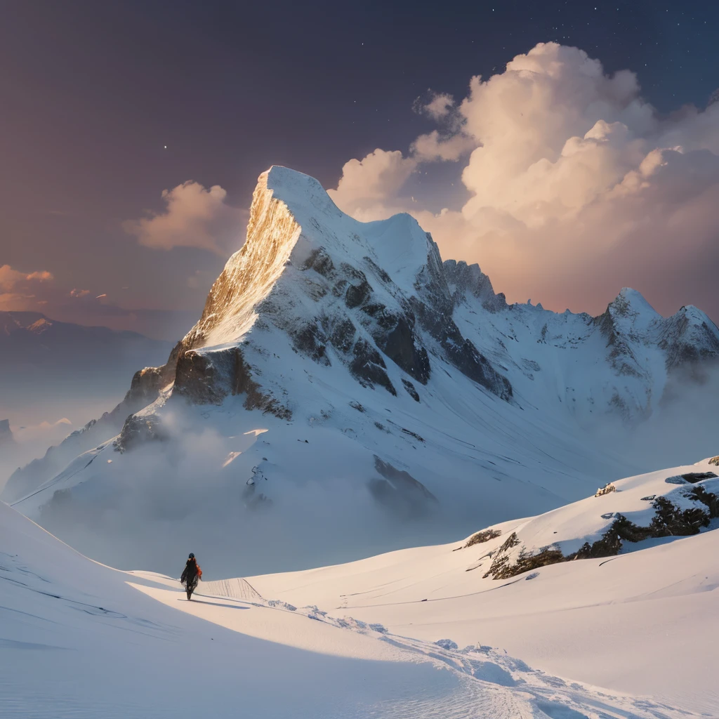 In a dense forest in the middle of snow-capped mountains, The man in the hat walks into the distance,In the distance are huts and snowy mountains,Far further away are more snow-capped mountains,A beautiful artwork illustration, Desolate. Digital illustration, snow landscape background, serene illustration, snowy landscape, low details. Digital painting, inspirado em Eyvind Earle, Snowy. By Makoto Shinkai, Detailed scenery —width 672, lonely tree, snow landscape, inspired by Jakub Schikanederhuge fearful object , on a snowy mountain , noble landscape , artistic landscape , boy in clouds wearing white robe , fighting golden dragon , heaven , hell , silver dragon , secret , beautiful , magnificent , brilliant , strong size contrast , epic , film , Chinese silver dragon , Wu Guanzhong , Zhang Kechun , snowy mountain , huge silver dragon --auto --s2