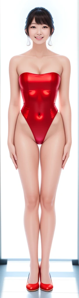 On the white background,A tall and beautiful Chinese girl,with fair skin,Toothy smile,A big smile,When you laugh, Your eyes are crescent-shaped,fringe,Wear a one-piece swimsuit and pumps,Swimsuits are decorated with joyful patterns, Stand up straight,Stand upright,hands on sides,Symmetrical distribution,Ray tracing,All shaded areas,No windows, Soft lighting, Warm light,Without sunlight, Studio light, 1.4x Realistic Ultra HD