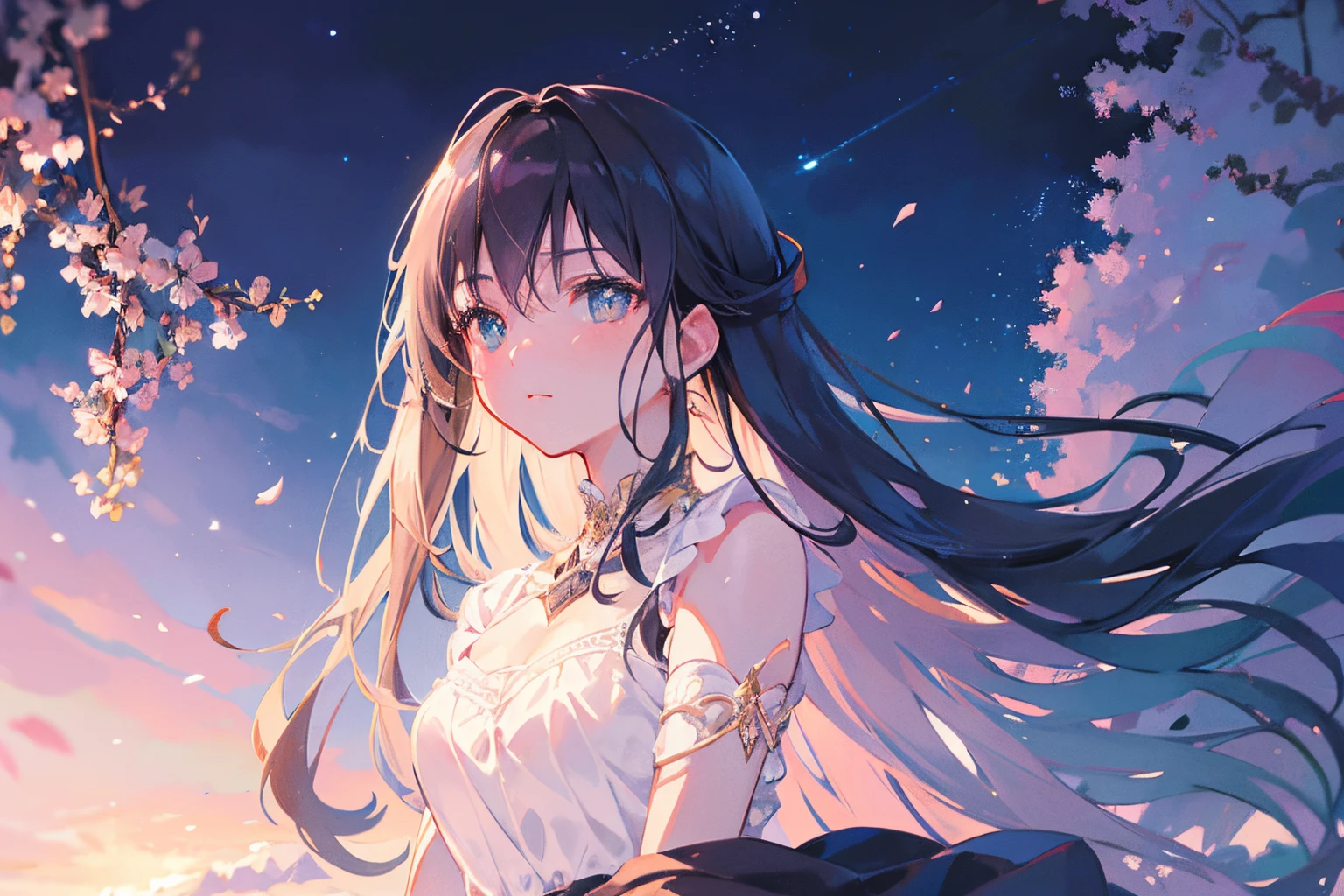 Anime girl with long hair and white dress standing in front of a tree ...