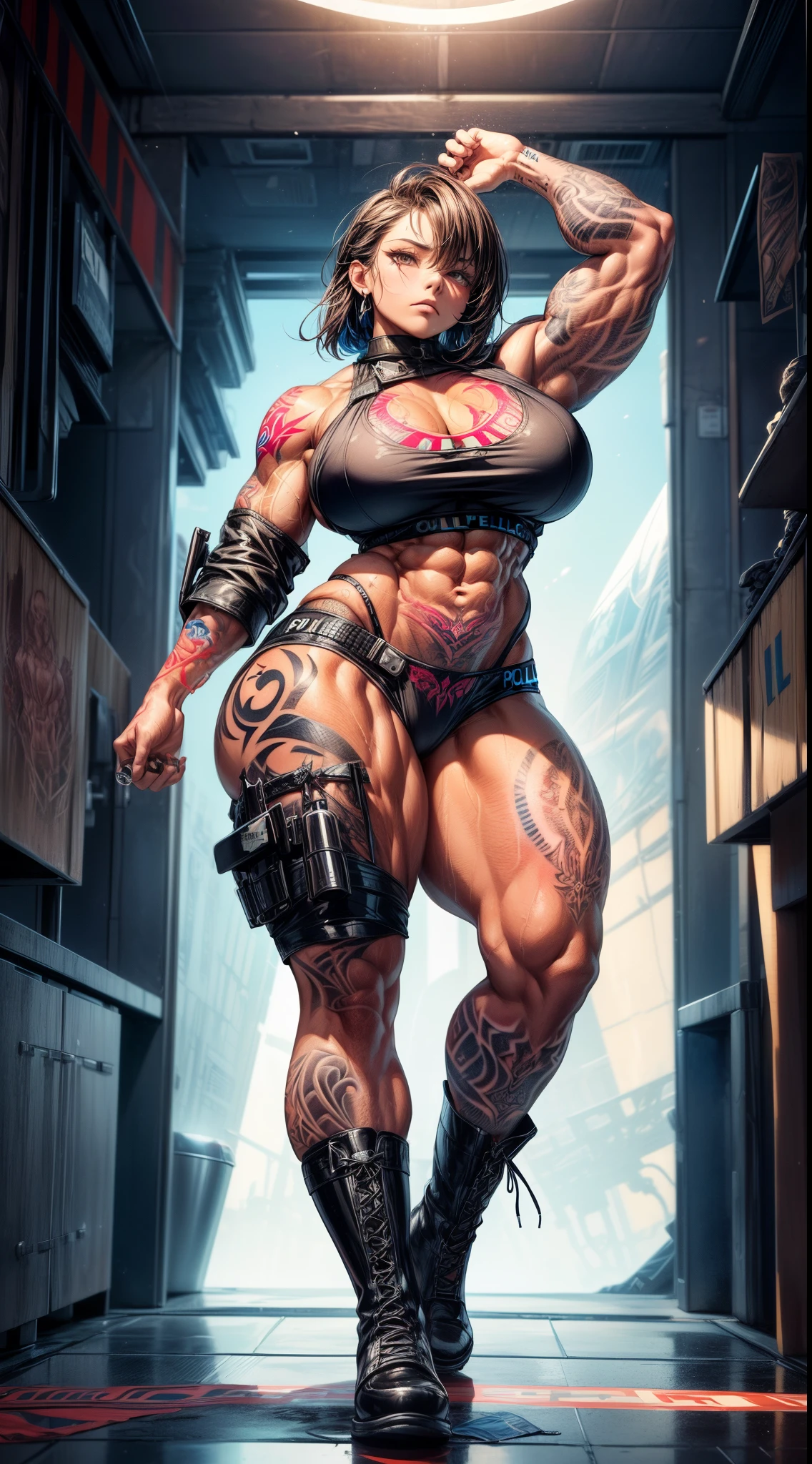 hight contrast,full body shot shot， (8k ultra high definition:1.2), (realisticlying:1.2),(tmasterpiece:1.4), (Best quality at best:1.4),very detailed wallpaper, very detailed illustration, ((1 girl)) , (super complex detail) offcial art, Unity8k wallpapers, ultra - detailed, Beautiful and beautiful, tmasterpiece, Best quality at best, (Tangled, datura, dispute, wring), (s fractal art:1.3) , tmasterpiece, , Complicated details,((Tattooed with:1)),((bulking)),covers the body, Medieval armor,full bodyesbian,(body builder:1.6), She has an extremely tall, strong, plump and sexy figure，Have extremely exaggeratedly huge thick breasts，Big abs，Extremely exaggerated and huge thick buttocks，Super long big thick legs，Extremely exaggerated thick leg muscles，fighter jets, musculous,multicolored clothing,bob hair,Plump,sexy for,Beautiful curves,Crazy abs, Upp , from front angle, raised his hand, Armpits, looking at the camera in,perspired,Wet with,((Sad eyes)),((Tattooed with:1.6)),((Police outfit:1.5)),((Unique combat clothing:1.5))（（police combat boots）），full body shot shot。