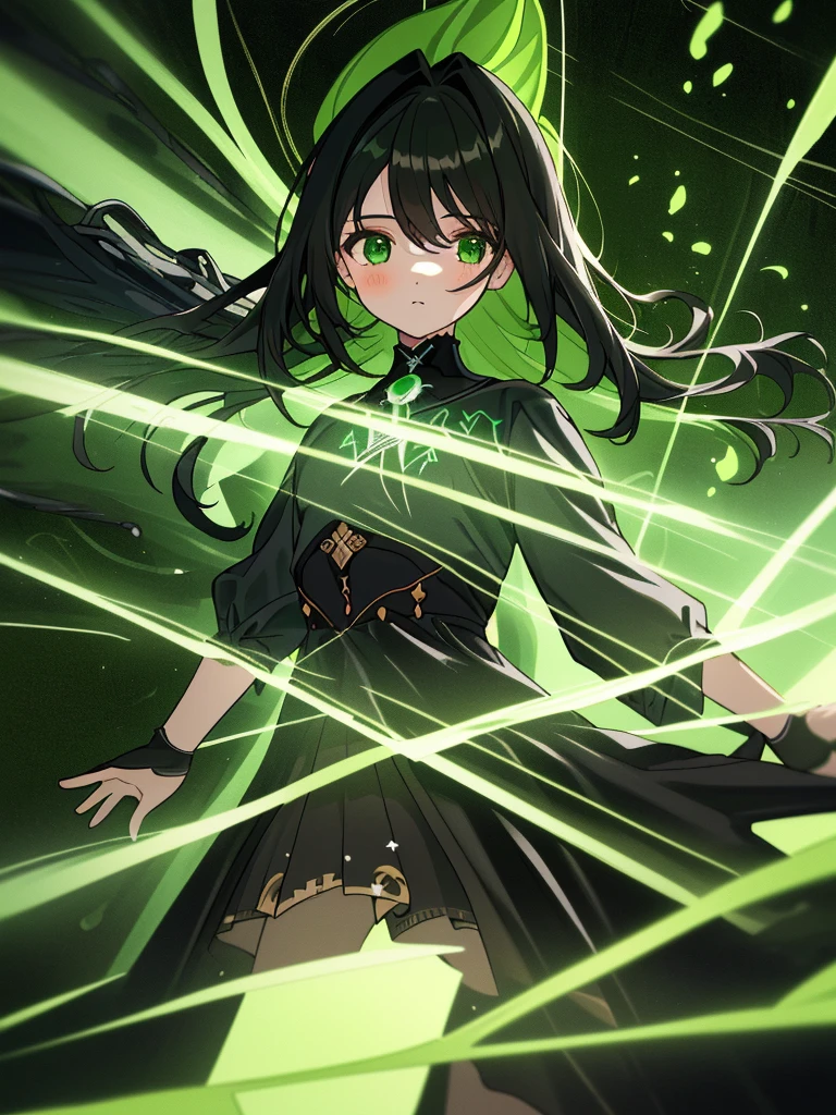 1 girl, cabelo preto, mechas azuis, olhos grandes azuis detalhados, olhar curioso, Poderes roxos e verde brilhantes e desfocados, folhas voando desfocado, fundo flat branco, (Papel de parede extremamente detalhado da unidade CG 16k:1.1), (Strength that eliminates noise: 1.45), (tObra-prima:1.37), ((Arte Oficial)), UHD