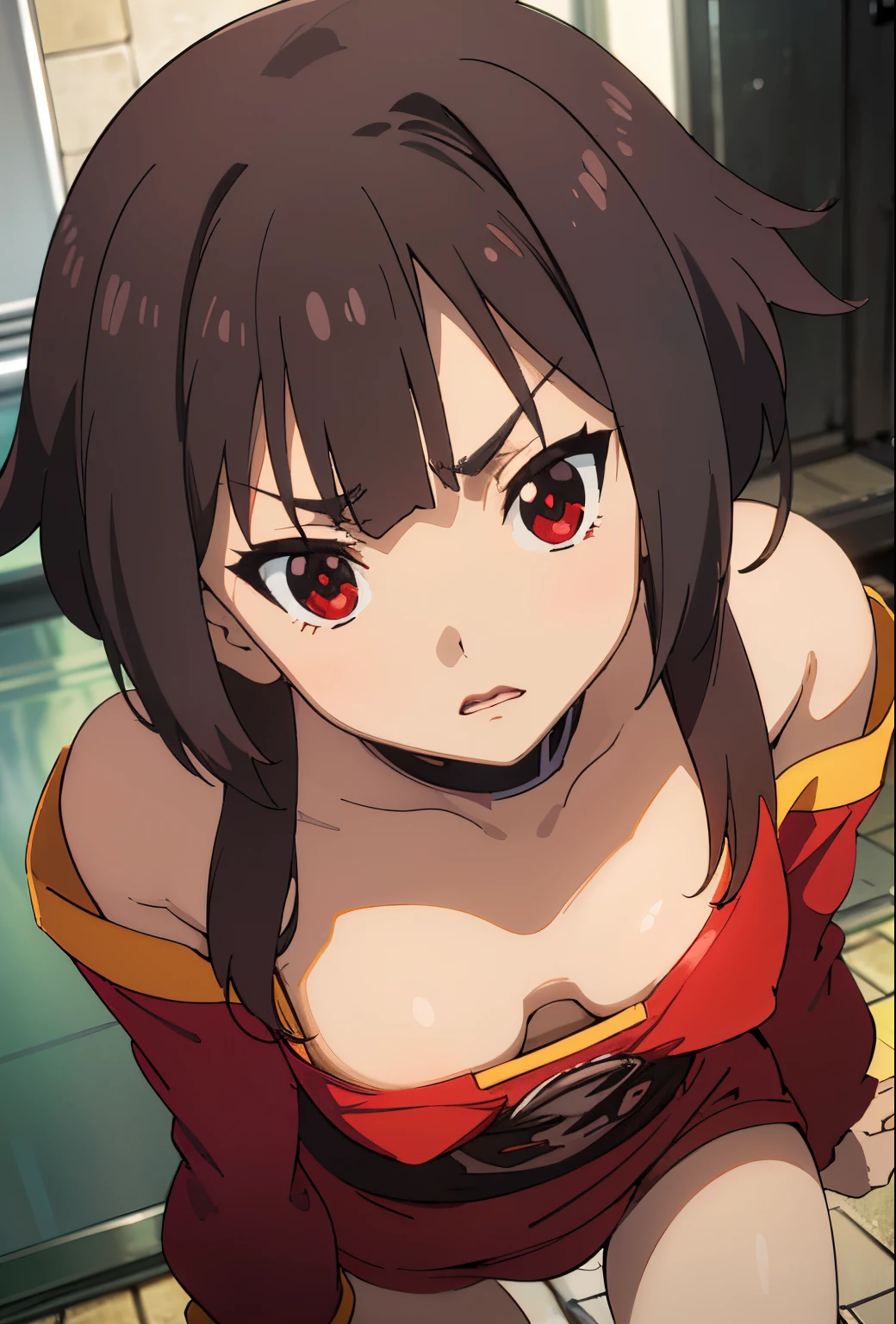 (beste-Qualit, 8K, 12), 1 girl, (megumin), brown hair, the perfect body, ultra detail face, detailed lips, (((very small boobs))), red eyes, cleavage, looking at viewer, (close up), leaned forward, angry, oversize tshirt, off shoulders, no pants, laundry room, thighs