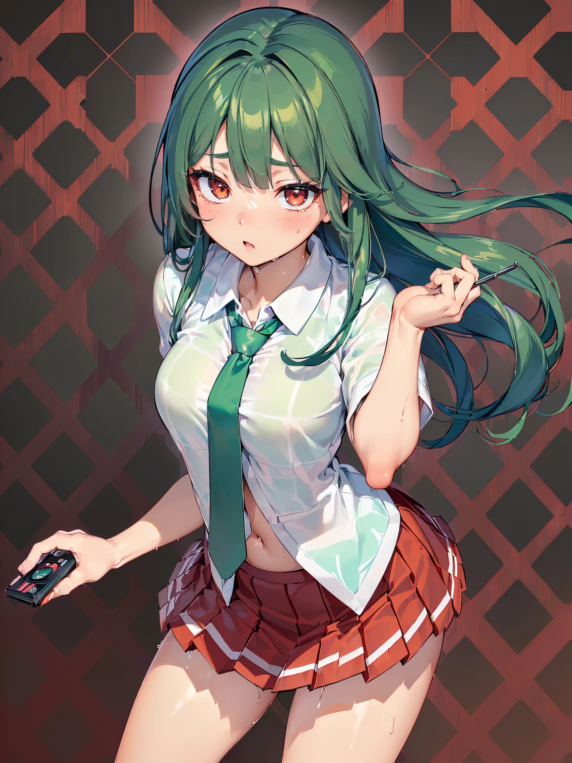 Product quality, [1 Sweet Japanese Gal], (((close up shot of a face,:1.5))), ((Camera work taken from above:1.2)), ((Plaid red pleated skirt:1.5, Green tie:1.5)), (Private School Uniforms), (A dark-haired, side locks, hyper pretty face, ((Wet face)), Glossy lips, Glamorous figure, ((Kamimei), Blushing cheeks, (((twist your body seductively)))，二重まぶた, Natural makeup, long eyelashes, (Dark room background:1.2), central image, High resolution, high detailing, detailed hairstyle, Detailed face, spectacular movie lighting, Vibrant, Anime expression, Perfect limbs, Perfect ???????, tre anatomically correct,