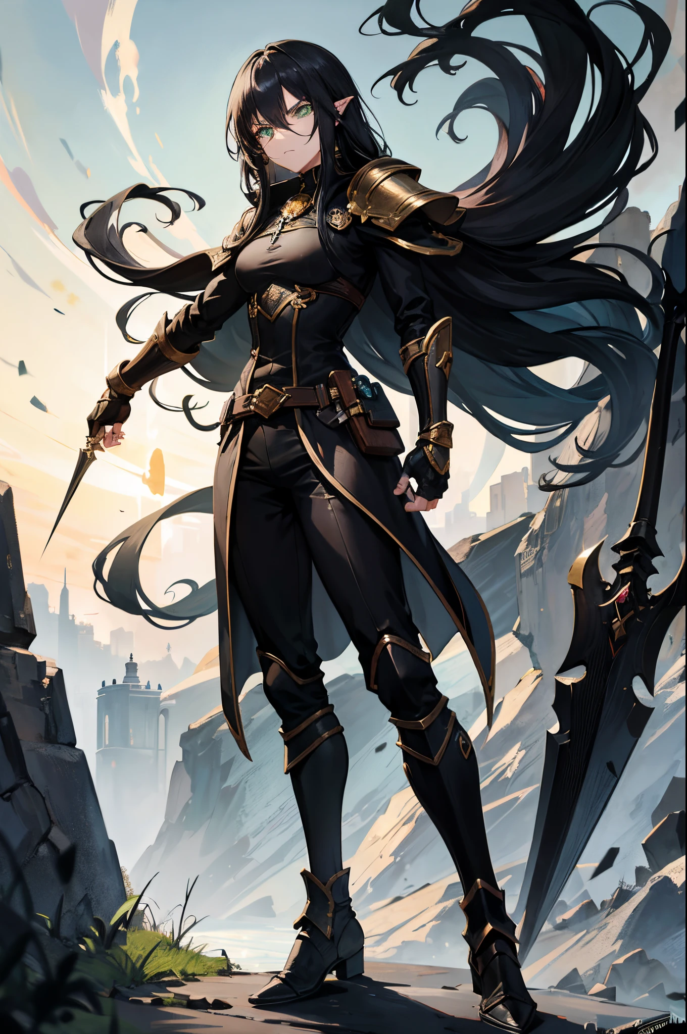 Black long hair, green eyes, dnd male halfling, serious facial expression, rogue, light armor, full body portrait, monocle glass
