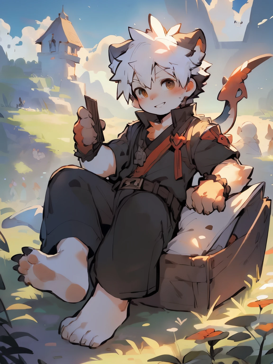 A little boy in a beautiful and enchanting landscape,Lying in a wheat field, Popular topics on artstation pixiv, Gurwitz style artwork, Very handsome, Guviz, guweiz on artstation pixiv, young male human dragon,red scales,White hair,long distance photo,male people,toddlers,(( boy)),((author:Puinki,Artis:1.2),(author:Unreal Land,author:Kuroi Junmi,author:milkytiger1145,author:Morkey,(author:Xia Huaiting:0.8),(by Pino Deheni:0.8)