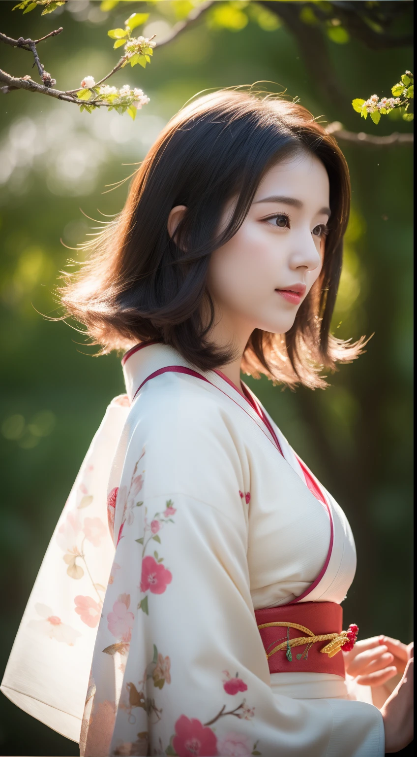 A Close Up Of A Woman In A Kimono Dress Standing In Front Of A Tree a-close-up-of-a-woman-in-a-kimono-dress-standing-in-front-of-a-tree