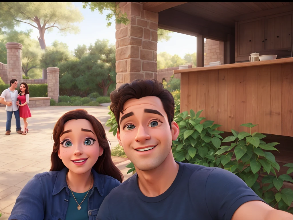 arafed image of a man and woman taking a selfie in front of a building, photorealistic disney, realistic movie still, animated still, pixar portrait 8 k photo, photorealistic movie still, disney photo realistic, disney render, realistic cartoon, rendered in arnold, in style of disney animation, animation still, official art, selfie shot straight on angle, realistic scene
