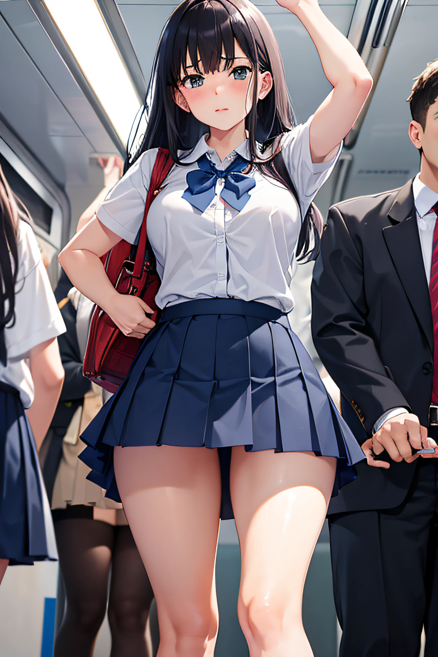 school girl being upskirted by a groper in business clothes, 1girl, 1boy,hetero, school uniform, blue check skirt, short socks, crowded train, on the train,chikan,molested,molestation, upskirting