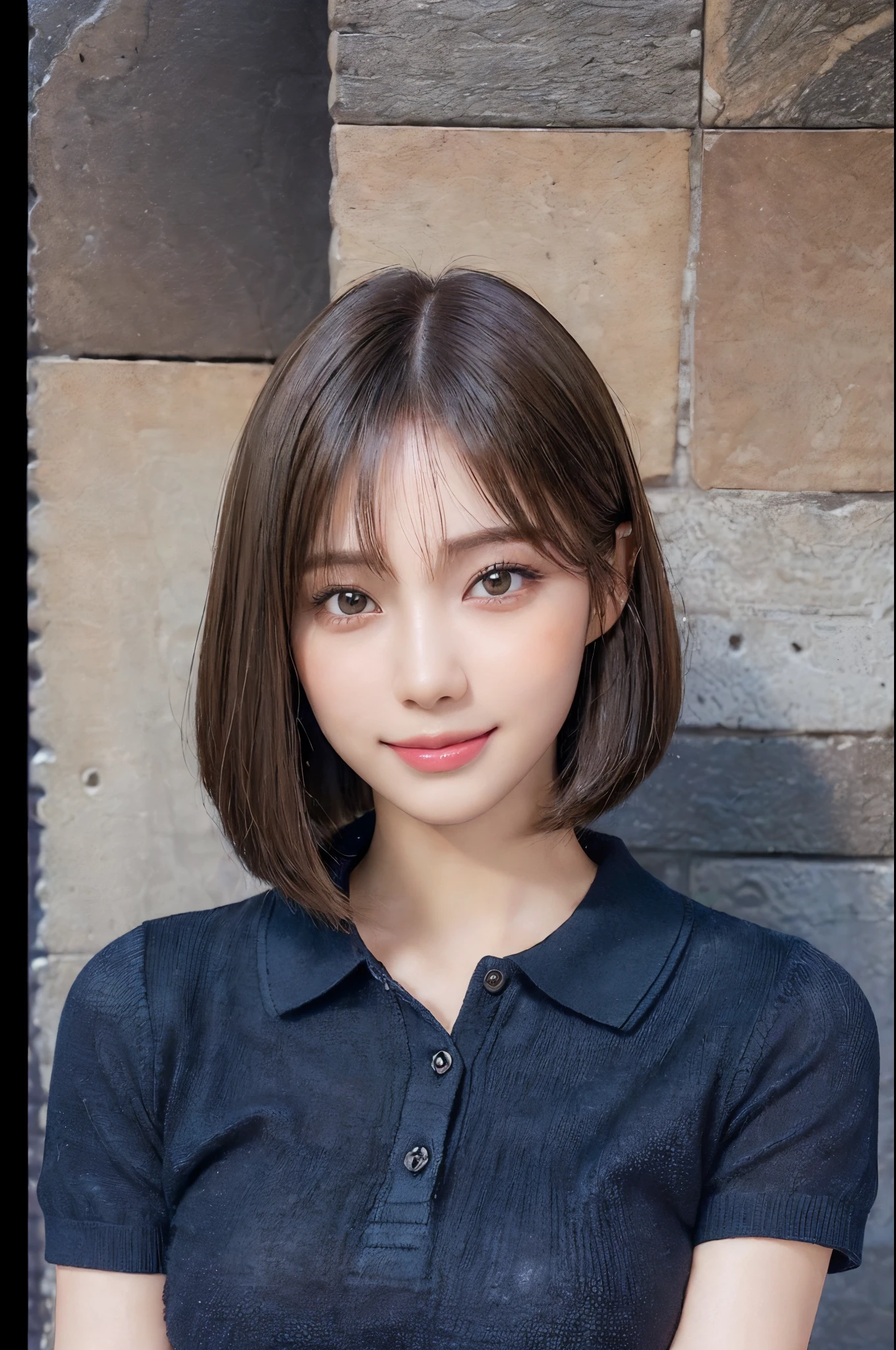 ((Detailed and super high quality:1.3)),((Realistic and super high quality:1.3)),((Photoreality:1.3)),((Very realistic textures:1.3)), japanes、Fair and beautiful skin、((Beautiful straight bob hair:1.5))、((Super Detail Face))Eye of Detail、二重まぶた、foco nítido:1.2 Light brown hair、top-quality、超A high resolution、(Photorealista:1.4)、Highly detailed and professional lighting smile、Gentle expression、((Shy smile:1.3)) very classy and intelligent　stylish and neat　Trend Fashion　((Dark navy　Luxury short sleeve knit polo shirt))、((21years old:1.3)) 　((realistic skin textures:1.5)) Amazing close-up of a very beautiful face　Beautiful schoolgirl　Beautiful bob hair down to the tips　Slender body type　((kawaii:1.3)) (Detailed, high-quality, and realistic depiction of eyes:1.3)