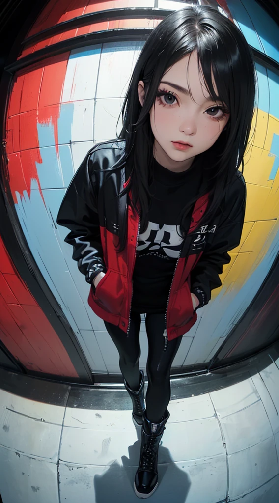 ((8k wallpaper of extremely detailed CG unit:1.2, masterpiece, hight resolution:1.2, top-quality:1.2, masutepiece)), ((a very beautiful woman, Hands in pockets:1.8, Grunge Fashion:1.2, Wearing a blouson:1.2, Wearing leggings, Wearing boots)), ((extra detailed face, Highly detailed black eyes, Contrasting eyes, extra detailed body, Top quality real texture skins:1.2)), (A dark-haired, length hair, de pele branca), ((colorful paint wall)), (high-angle:1.2, Fisheye:1.3), hyper realisitic, digitial painting,