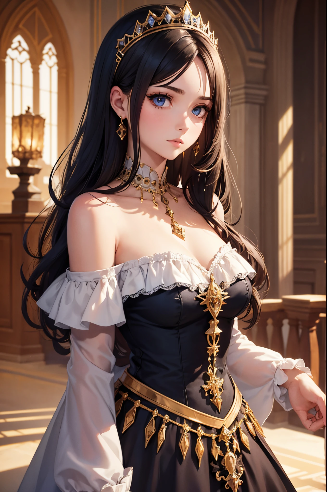 1 girl, elaborate dress, off the shoulder dress, exposed shoulders, dark hair, beautiful face, beautiful eyes, castle, fantasy, detailed, masterpiece, high quality, jewelry, crown, princess
