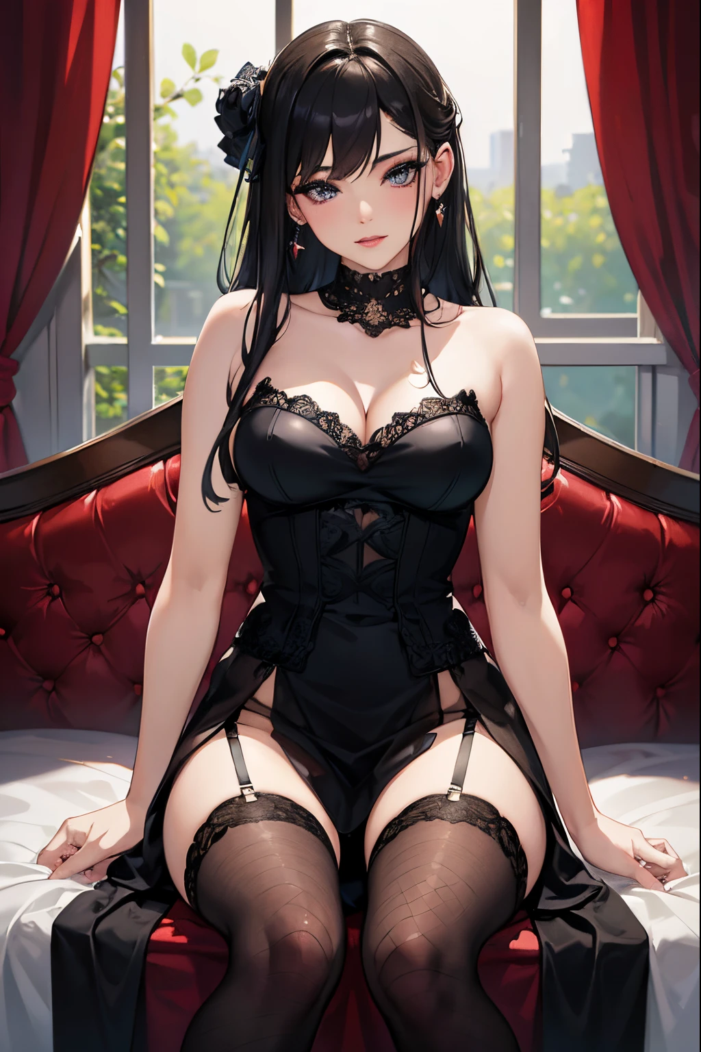 (best quality,high resolution:1.2),vibrant colors,portrait lighting,sexy woman,beautiful detailed eyes,beautiful detailed lips,fishnet stockings,sitting on the bed,black lingerie,playful expression,soft focus,bedroom background,subtle makeup.
