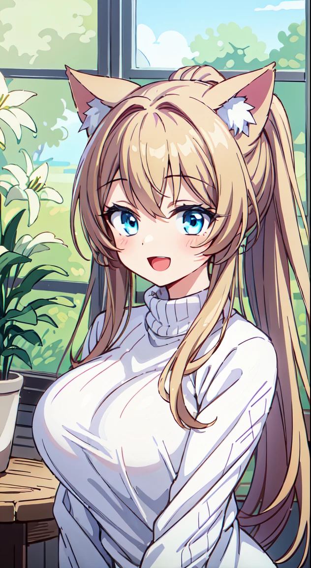 1 beautiful girl, ( girl), Very detailed, colourfull, highest details, BREAK, (Huge breasts: 1. 2,), Clear skin, Beautiful skin, Shy skin, 1 beautiful girl, Brown hair, (Cat ears, Ponytail, medium-Long hair: 1. 2), (Light blue eyes, long eyelashes, Double eyelids: 1. 2),Solo,gleaming skin, Clear skin, Beautiful skin(best quality face),(Top quality glowing eyes),(The best smile,:D:1.45), BREAK, 1 beautiful girl, 1 beautiful girl, (17 years old detailed, colourfull, highest details, BREAK, (Huge breasts: 1. 2,), Clear skin, Beautiful skin, Shy skin, 1 beautiful girl, Brown hair, (Cat ears, Ponytail, medium-Long hair: 1. 2), (Light blue eyes, long eyelashes, Double eyelids: 1. 2),Solo,gleaming skin, Clear skin, Beautiful skin(best quality face),(Top quality glowing eyes),(The best smile,:D:1.45),
break is break is (Transparency Theme:1.4), (Vivid colors:1.3) ((knitted sweater:1.2)), shirt pull spot lighting, BREAK,
BREAK
(Red flower ornament:1.2),
BREAK, ((Wonderland)),inside in room, Above, Bedrooms,Gothic decoration,((cup,flower, hoods,Indoors, Lily \(flower\),plant, potted plant, Standing, The table, vases, white blossoms, window:1.5),(symbolic:1.2),Backlighting,Waterfall,depth of fields, BREAK,(Blurry background:1.3),(absurderes, hight resolution, Super Detail Art),cel shading,Clear Color, Lonely optical effect, Beautiful pictures, Bright glow, mystic atmosphere,(Close-up of girl:1.1), Mystical light particle effect,manga influence, clean line drawings,