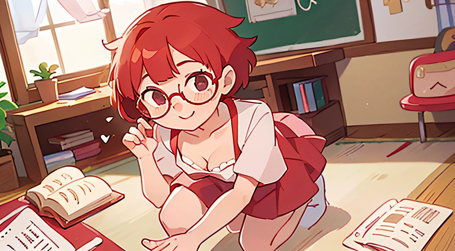 ​masterpiece、top-quality、1 girl in、red hairs、shortsleeves、cleavage of the breast、short-hair、eye glasses、anime styled、High School Uniforms、high quality fingers、lightsmile、The upper part of the body 、Get down on one knee、Skirt Fold、Fluffy clothes、portlate