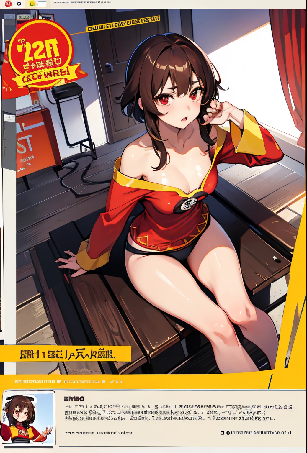 (beste-Qualit, 8K, 12), 1 girl, (megumin), brown hair, the perfect body, ultra detail face, detailed lips, (((very small boobs))), red eyes, cleavage, looking at viewer, annoyed, ((oversize tshirt)), off shoulders, no pants, laundry room, thighs, white tshirt