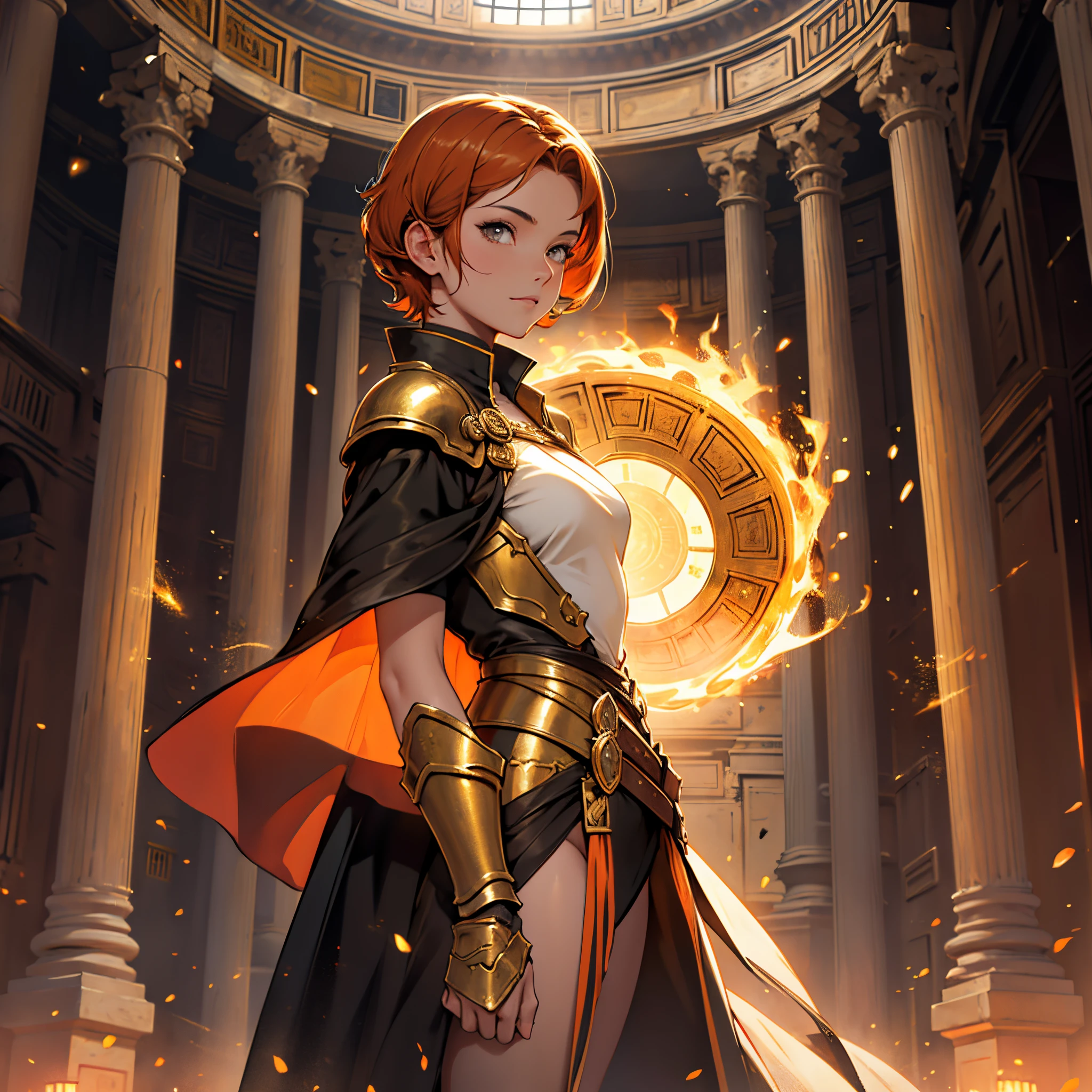 ​masterpiece, Best Quality, 4k, Background with:Inside the Pantheon with lava flowing, Seville girl with orange short hair wearing golden armor, long black coat, Sparks fly