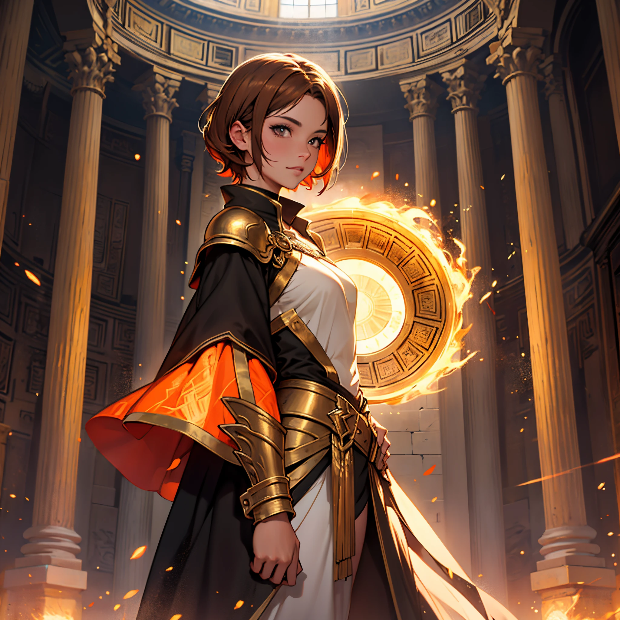 ​masterpiece, Best Quality, 4k, Background with:Inside the Pantheon with lava flowing, Seville girl with orange short hair wearing golden armor, long black coat, Sparks fly