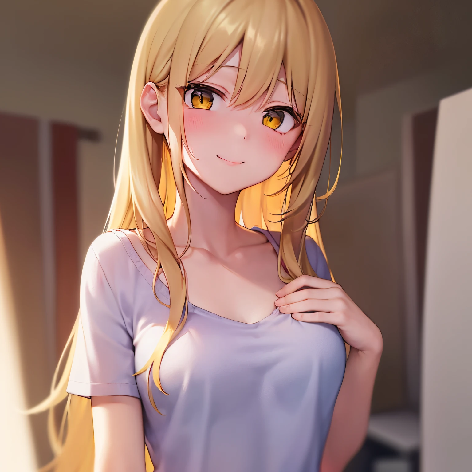 masterpiece、hightquality、(long hair with blond hair, yellow eyes)、An 18-year-old woman、Wearing a pink T-shirt、hands on chest、(Alone:1.5)、(An embarrassed and gentle smile:1.1)、(Kamimei:1.2)、(Only the upper body is shown.:1.3)、Bold composition、Being in the dressing room、