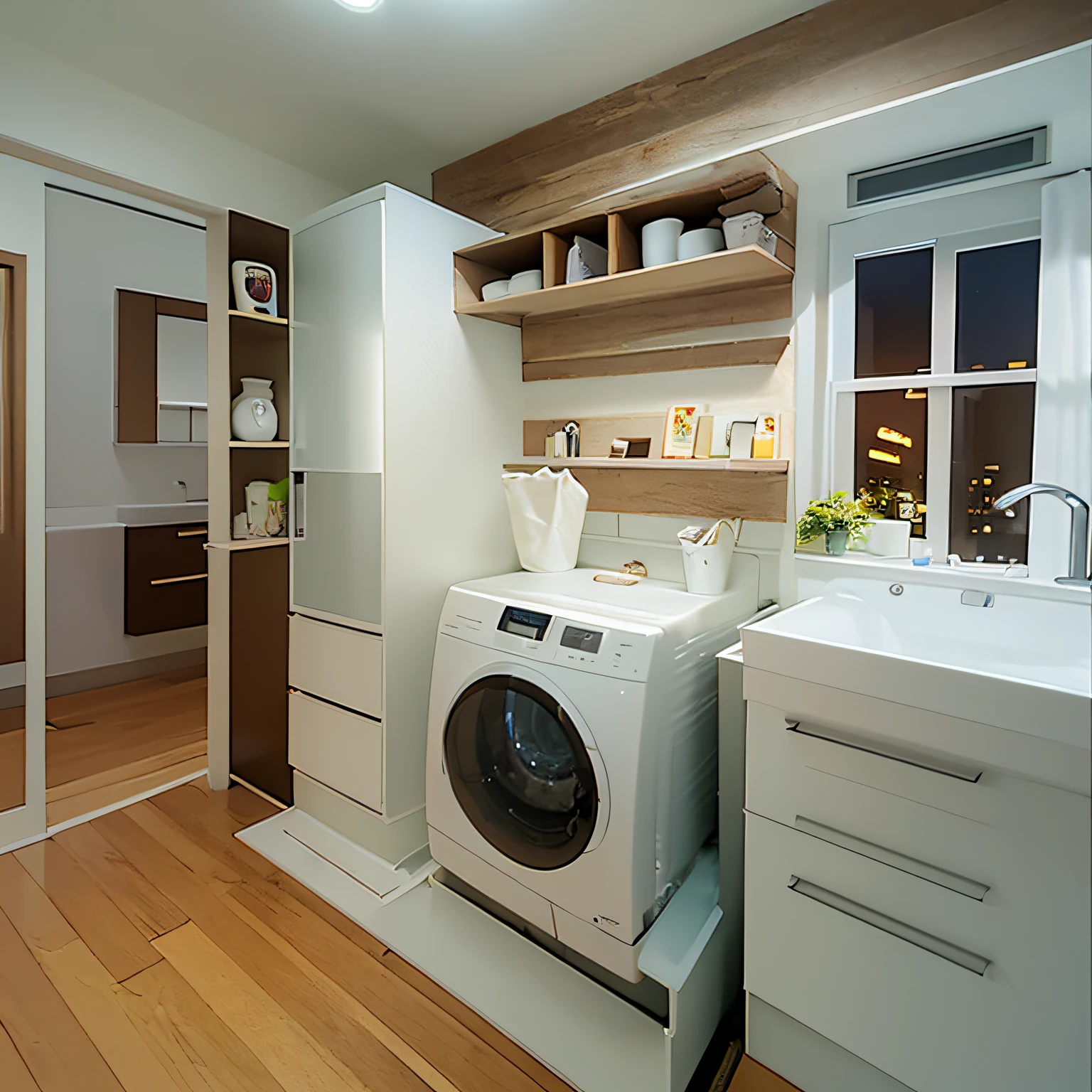 best quality, ultra-detailed, illustration, JML, scenery, indoors, sink, window, washing machine, clock, cabinet, door, night,