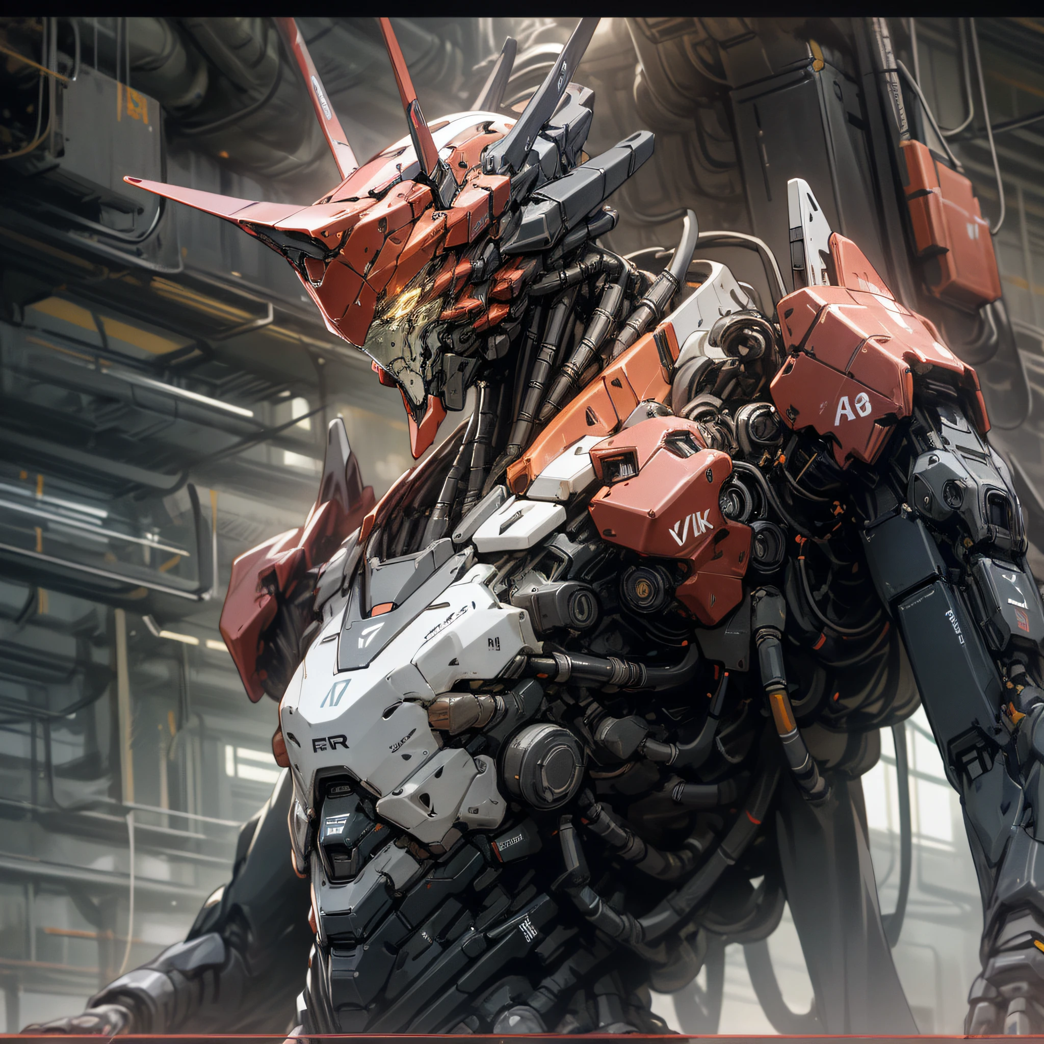 (Cyber theme:1.4),((masterpiece)), (best quality),extremely detailed CG,unity 8k wallpaper, concept art,robot,realistic,mecha,upper body,dynamic angle,Cybernetic factory. Capture the mesmerizing beauty of a factory where advanced cybernetic systems and robotics intertwine.