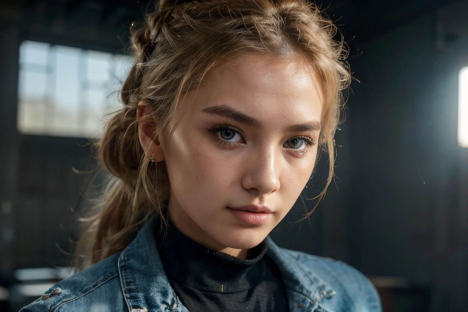 beautiful korean model woman with blonde hair using black tank top with denim jacket, detail face, messy bun hair, she have a very bright eyes, realistic face, detail face, realistic skin, skin pore, vibrant, dramatic lighting, 8k resolution picture, high detail on the photo, very realistic picture, dramatic lighting, shadow, dramatic shadow, one of a kind photo, sharp photo, sharpness on the detail, looking at viewer, view from front, (((Best Quality, masutepiece: 1.3)), long hair, ultra high res. street background, blonde hair, high quality, masterpiece, 8K, UHD, UHD, retina, masterpiece, retina, UHD, masterpiece, ccurate, textured skin, super detail, high details, high quality, highres, best quality, award winning, 16k
