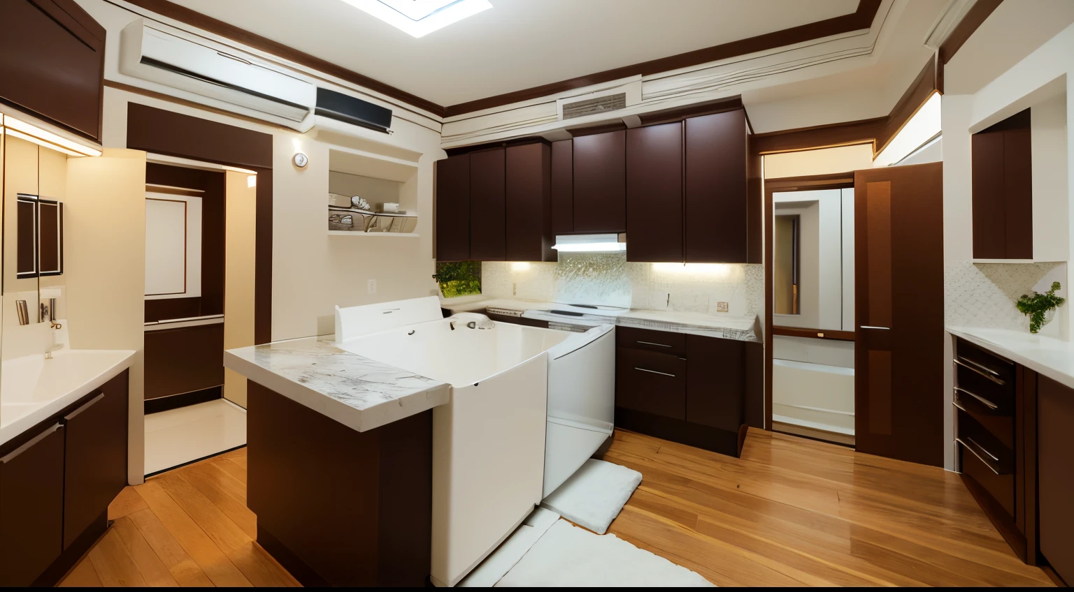 best quality, ultra-detailed, illustration, JML, scenery, indoors, sink, window, washing machine, clock, cabinet, door, night,