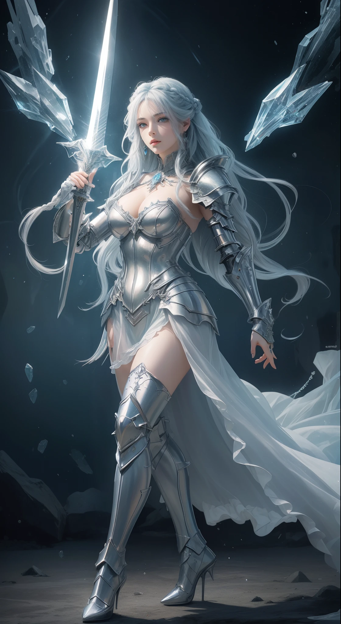 tmasterpiece,Highest image quality,,Beautiful female knight full body portrait,Exquisite light blue braid hairstyle,Clear eyes,The sword,armour,high heels boots,crystal,Ultra-detailed details,advanced。At the Pixiv Art Station,Break your own power,Luigi,Big breasts exposing cleavage,R-18G