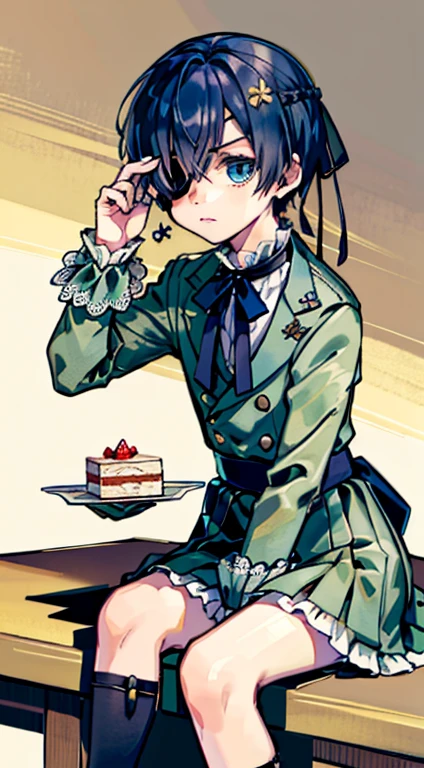top-quality, masterpiece, Cielve 2, 1boy, 独奏, sitting on, The table, Cake slices, looking at viewert, an eye patch,Beautiful Boys、Agra、bare-legged、Tsundere face