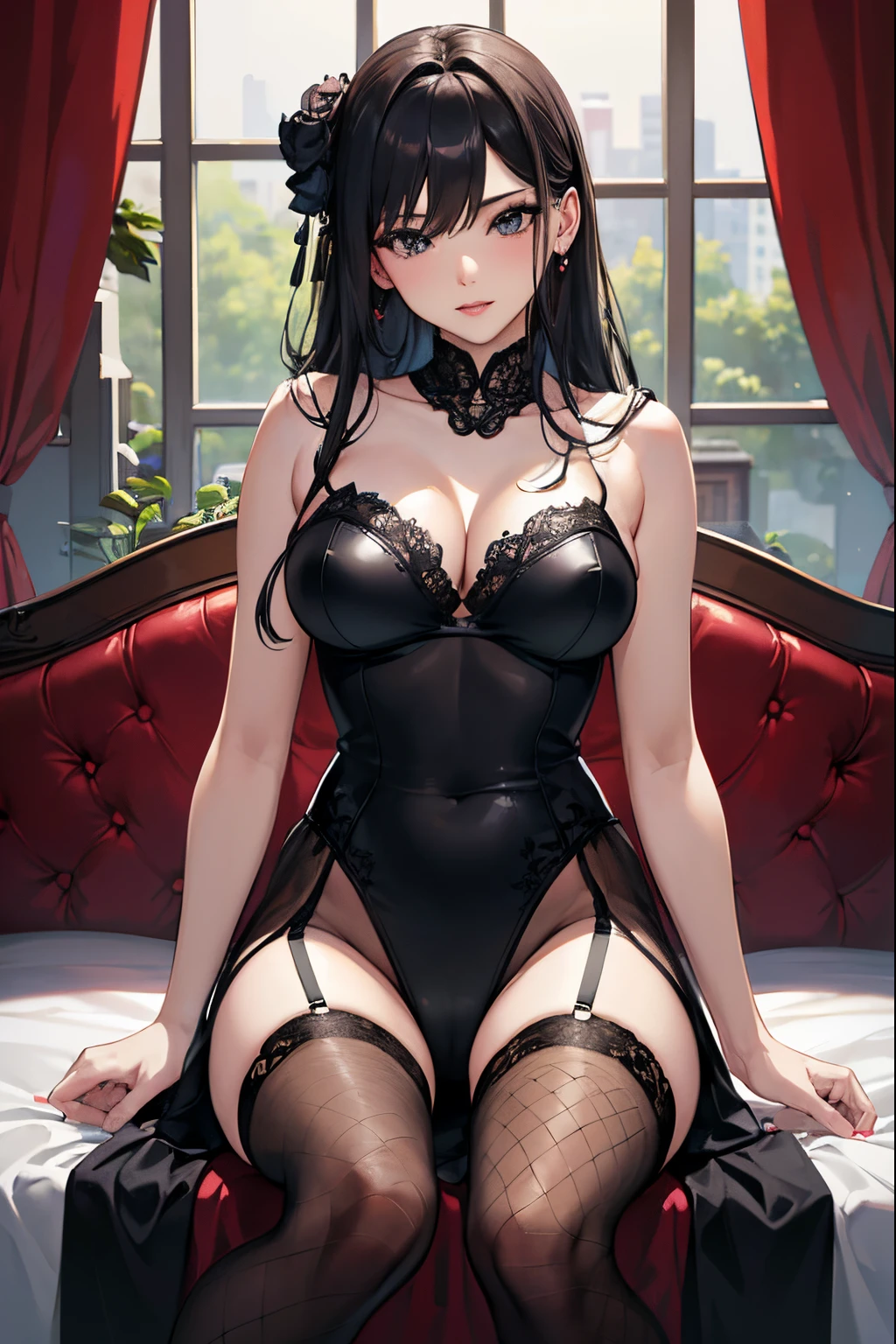 (Best quality at best,A high resolution:1.2),vivd colour,Portrait lighting,sexy women,美丽细致的眼睛,beautiful detailed lips,fishnet stockings,sit on a bed,black undersuit,Playful expression,soft focus,bedroom background,Subtle makeup.