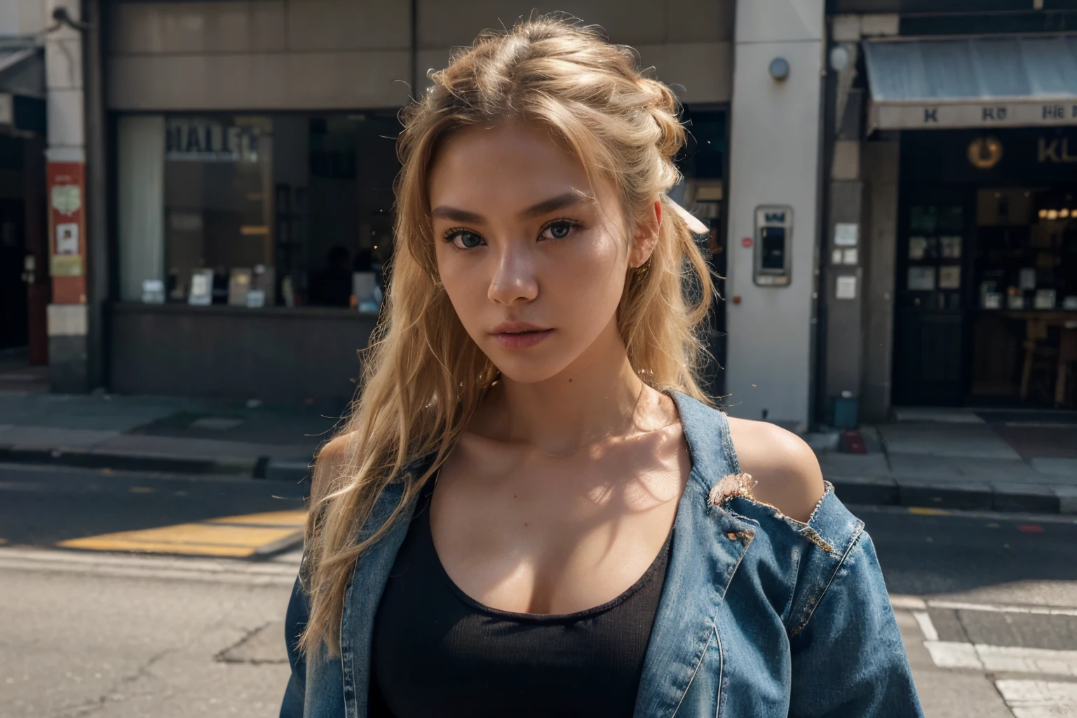 beautiful korean model woman with blonde hair using black tank top with denim jacket, detail face, messy bun hair, she have a very bright eyes, realistic face, detail face, realistic skin, skin pore, vibrant, dramatic lighting, 8k resolution picture, high detail on the photo, very realistic picture, dramatic lighting, shadow, dramatic shadow, one of a kind photo, sharp photo, sharpness on the detail, looking at viewer, view from front, (((Best Quality, masutepiece: 1.3)), long hair, ultra high res. street background, blonde hair, high quality, masterpiece, 8K, UHD, UHD, retina, masterpiece, retina, UHD, masterpiece, ccurate, textured skin, super detail, high details, high quality, highres, best quality, award winning, 16k