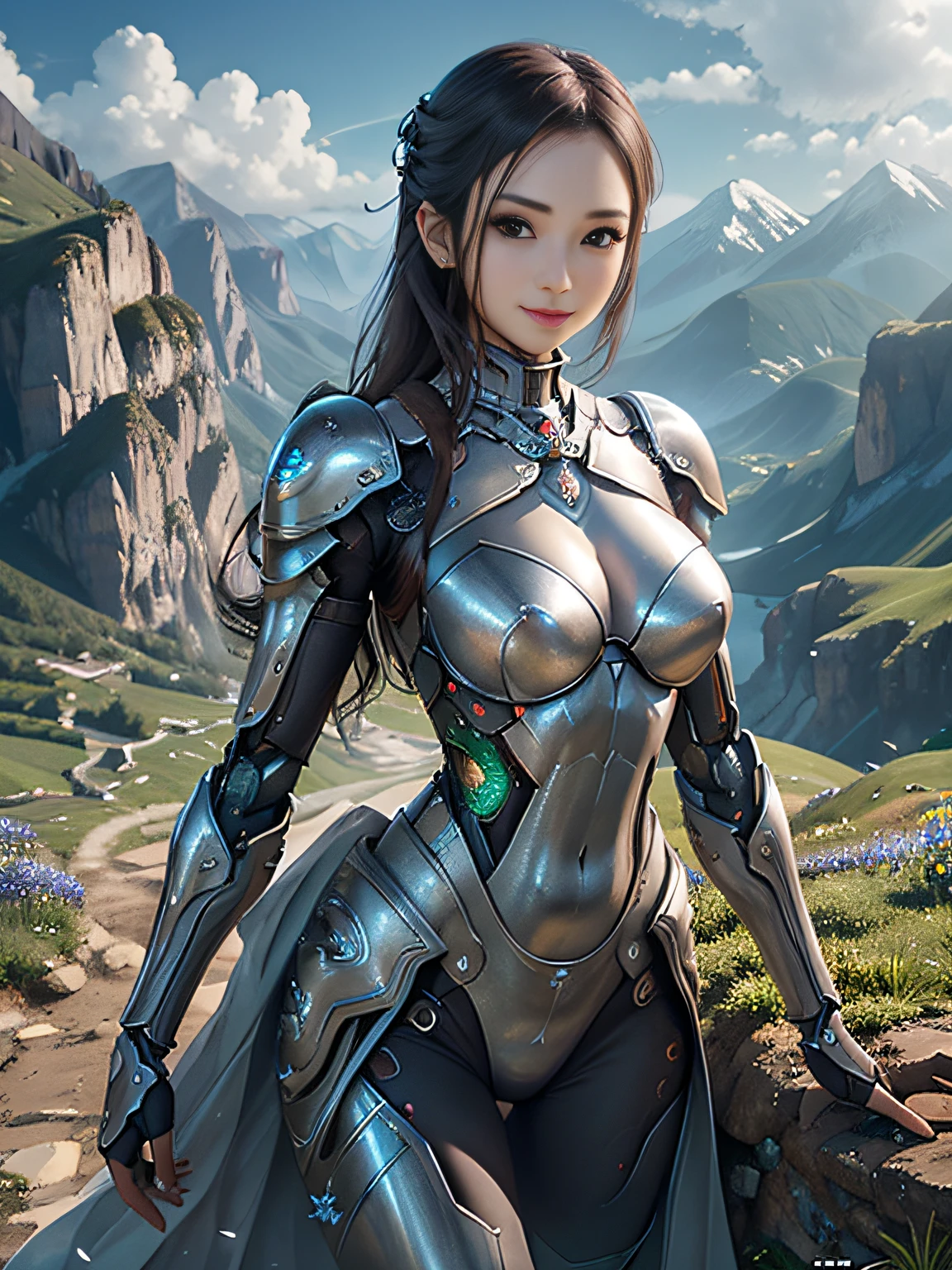 超A high resolution、An ultra-high picture quality、8K、Detailed details、marvelous expression、girl of steel、Cyborg girl、slender physique、cabelos preto e longos、Wearing metal armor、With a big sword、Run briskly、Pretty smile、mountain meadow landscape
