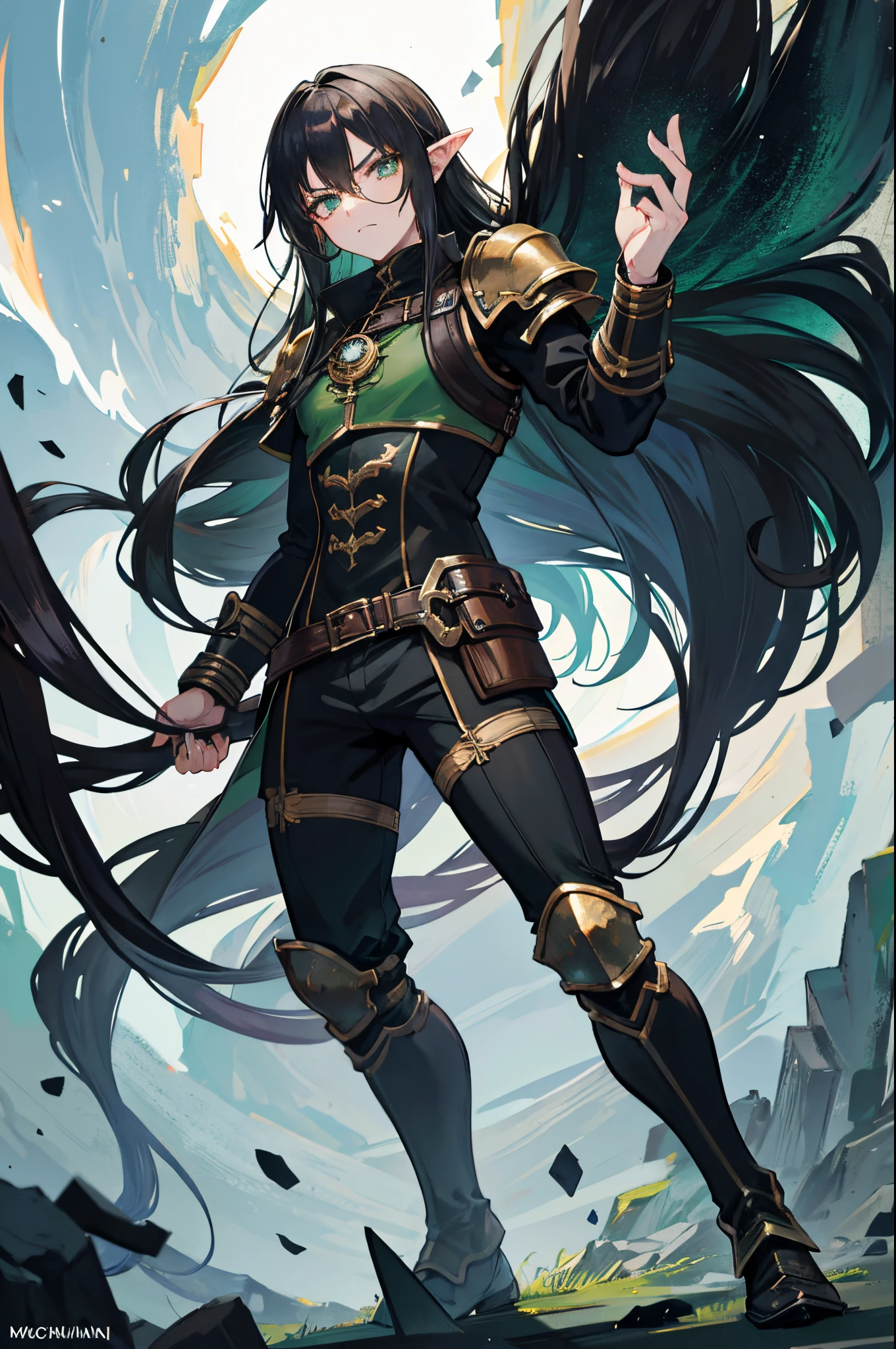 Black long hair, green eyes, dnd male halfling, serious facial expression, rogue, light armor, full body portrait, monocle glass