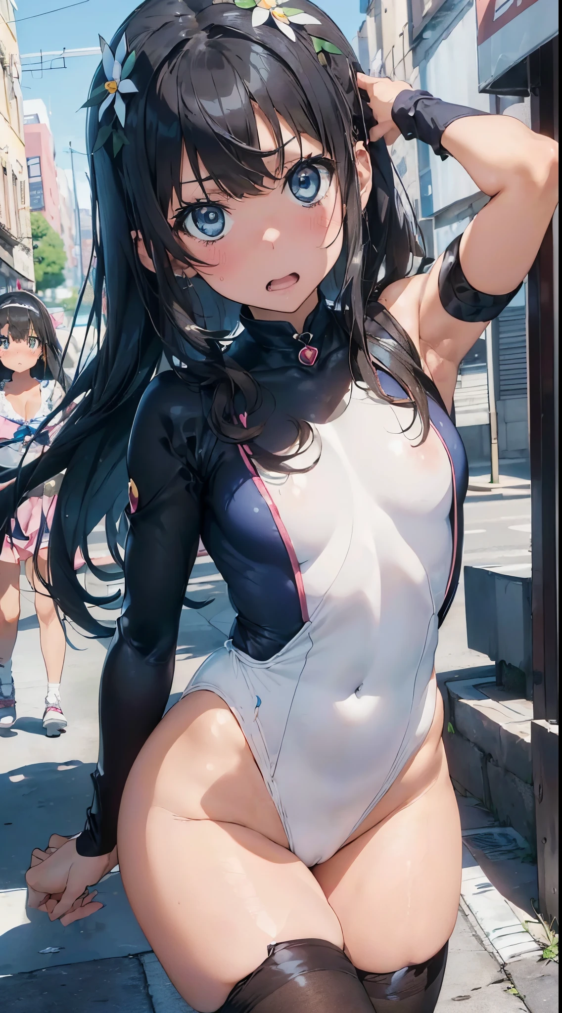 1womanl,Black hair,ar old Impatient expression)),Beautiful breasts,(((Sexy magical girl white and blue high-leg bodysuit)))(())(((Blushing cheeks、Surprised look)),((())),((( portlate))),Blue eyes,(((Bangs are aligned)))()Street,Crowds(magical girl hair ornament)