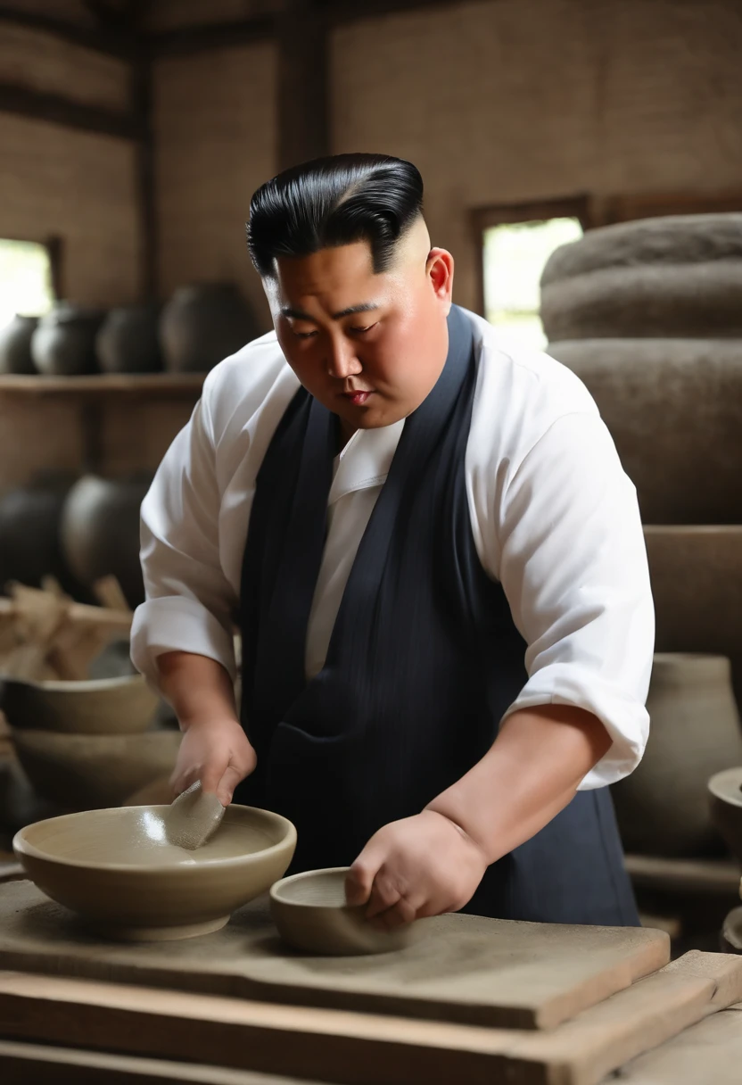 A photo of Kim Jong-un at a traditional Korean pottery workshop,original,Kim Jong-un, the North Korean leader, is known for his distinctive appearance: a round face, a distinctive haircut with shaved sides and longer hair on top, and a stocky build. He is often seen in public wearing suits or military-style attire, which adds to his authoritative image.