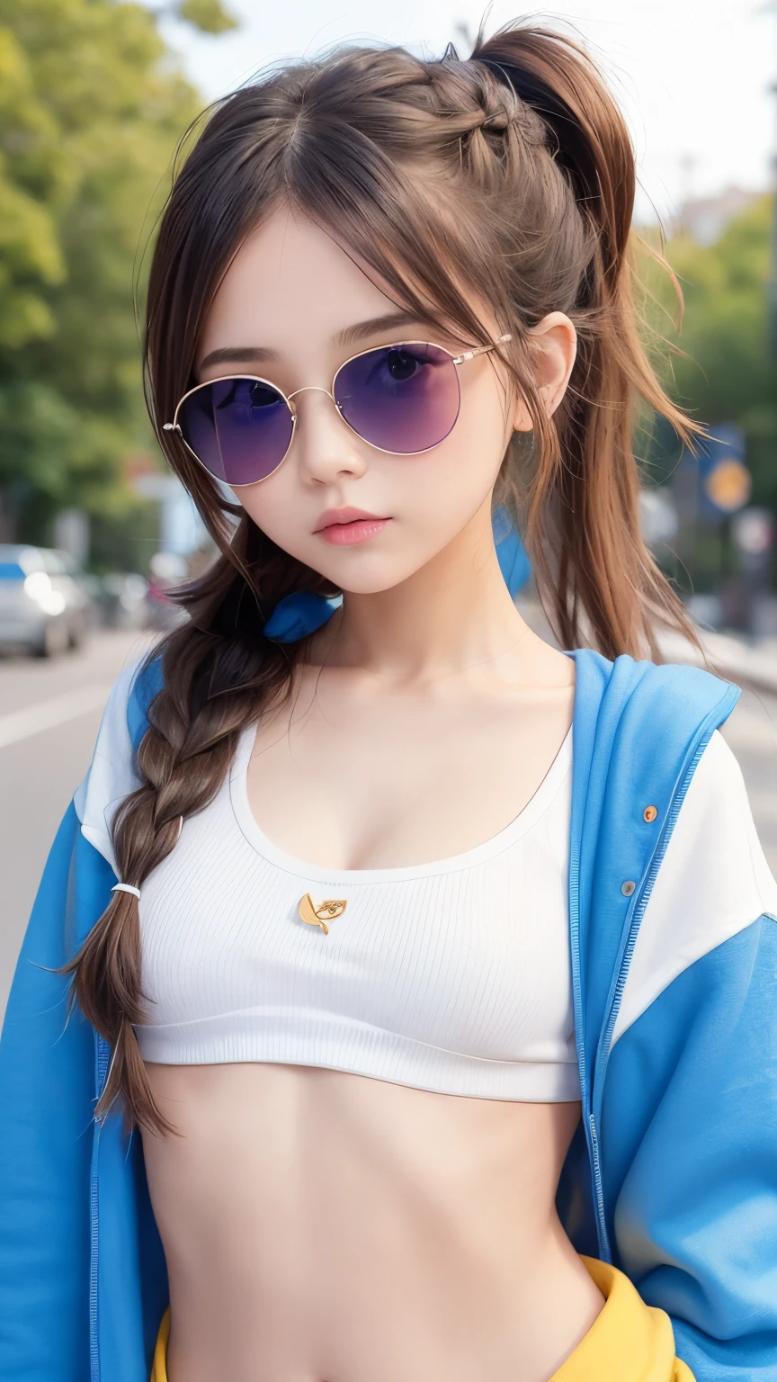 Loli girl, beautiful and cute, wearing blue sunglasses, small breasts, flat chest, toned stomach, topless, nude, yellow jacket, white sweatshirt, , chibi style, red and blue two-color hair, ponytail braided hair, perfect detail eyes, delicate face, perfect CG, HD picture quality,