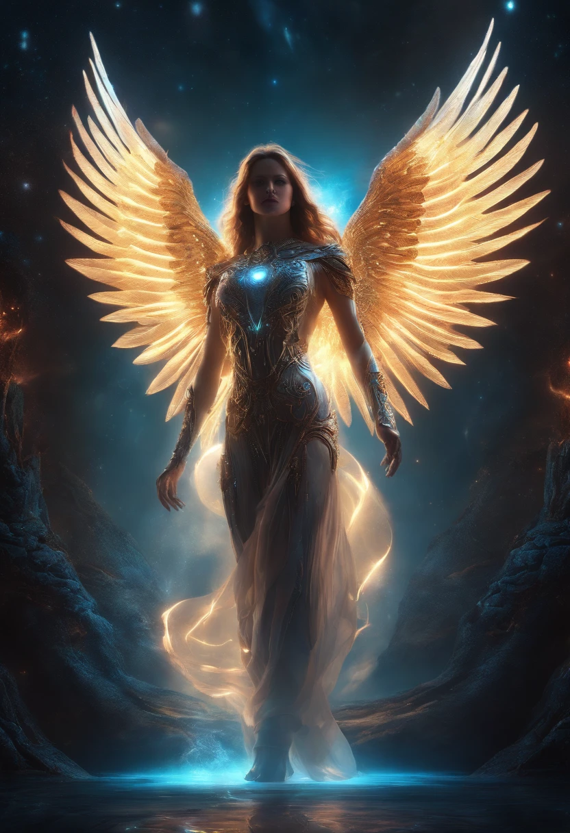 The Fallen Cosmic Angel, Glowing light eyes, biomechanical, Odd, creepy, Nightmarish, Very bright colors, light particles, With glowing light, archive, Art Wallpaper, UHD wallpaper