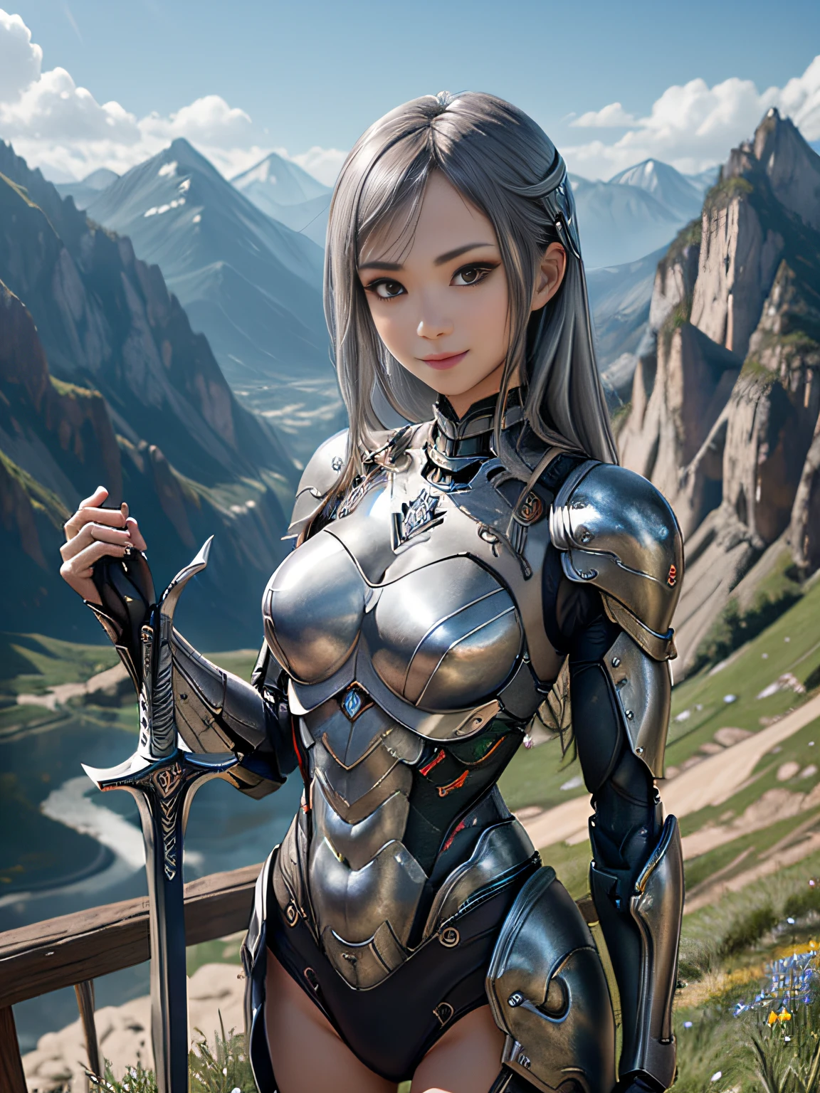 超A high resolution、An ultra-high picture quality、8K、Detailed details、marvelous expression、girl of steel、Cyborg girl、slender physique、Silver-haired short bob、wearing black metal armor、With a big sword、Run briskly、Pretty smile、mountain meadow landscape