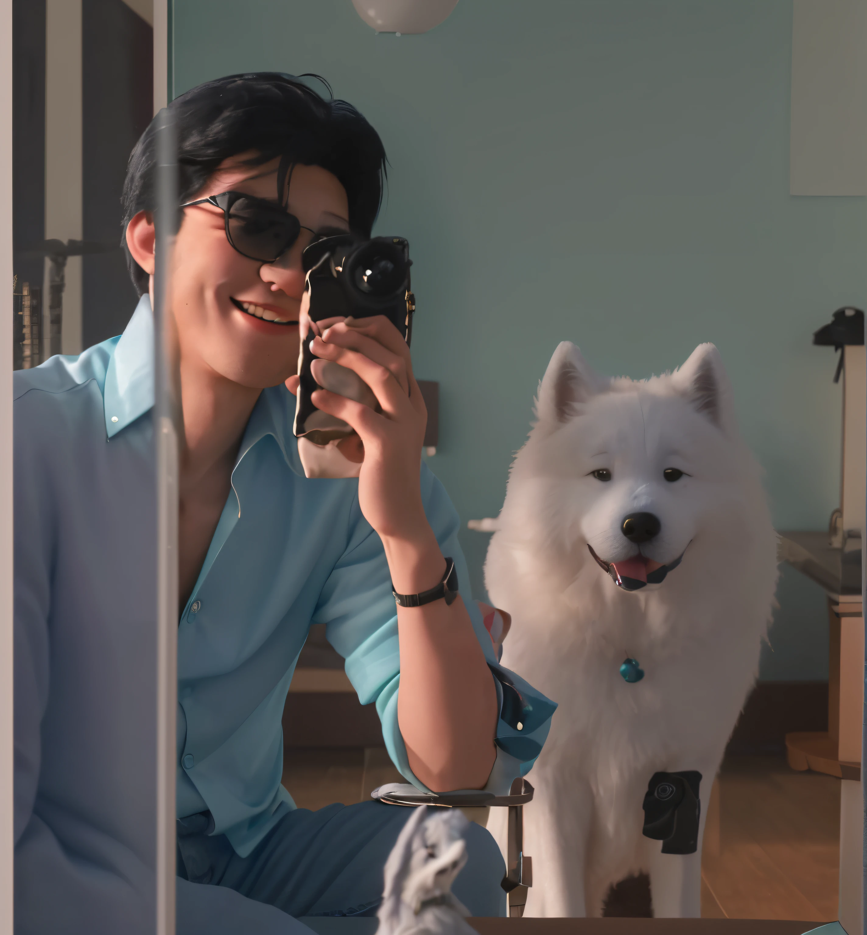 In the photo, there is a white-skinned person sitting in a turquoise shirt with sunglasses and his black hair parted in the middle.  This person is smiling and next to him is a smiling Samoyed type dog.  The two of them are taking photos in front of the mirror.