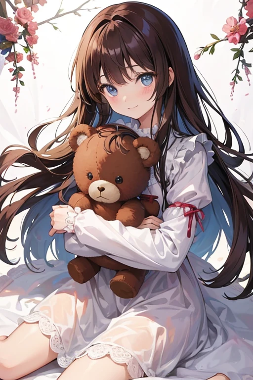 a pretty anime doll holding one of those little teddy bears in her arms, 1girl, stuffed toy, stuffed animal, solo, brown hair, long hair, flower, blue eyes, teddy bear, smile, looking at viewer, blush, long sleeves, dress, bangs, holding, holding stuffed toy, png