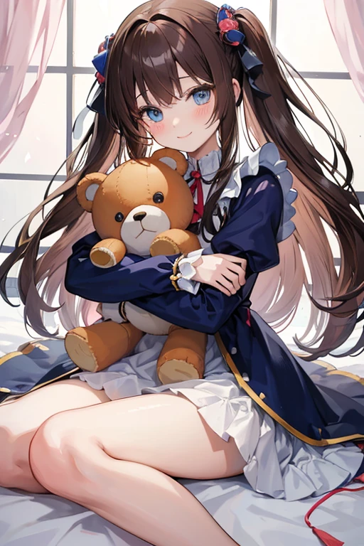 a pretty anime doll holding one of those little teddy bears in her arms, 1girl, stuffed toy, stuffed animal, solo, brown hair, long hair, flower, blue eyes, teddy bear, smile, looking at viewer, blush, long sleeves, dress, bangs, holding, holding stuffed toy, png