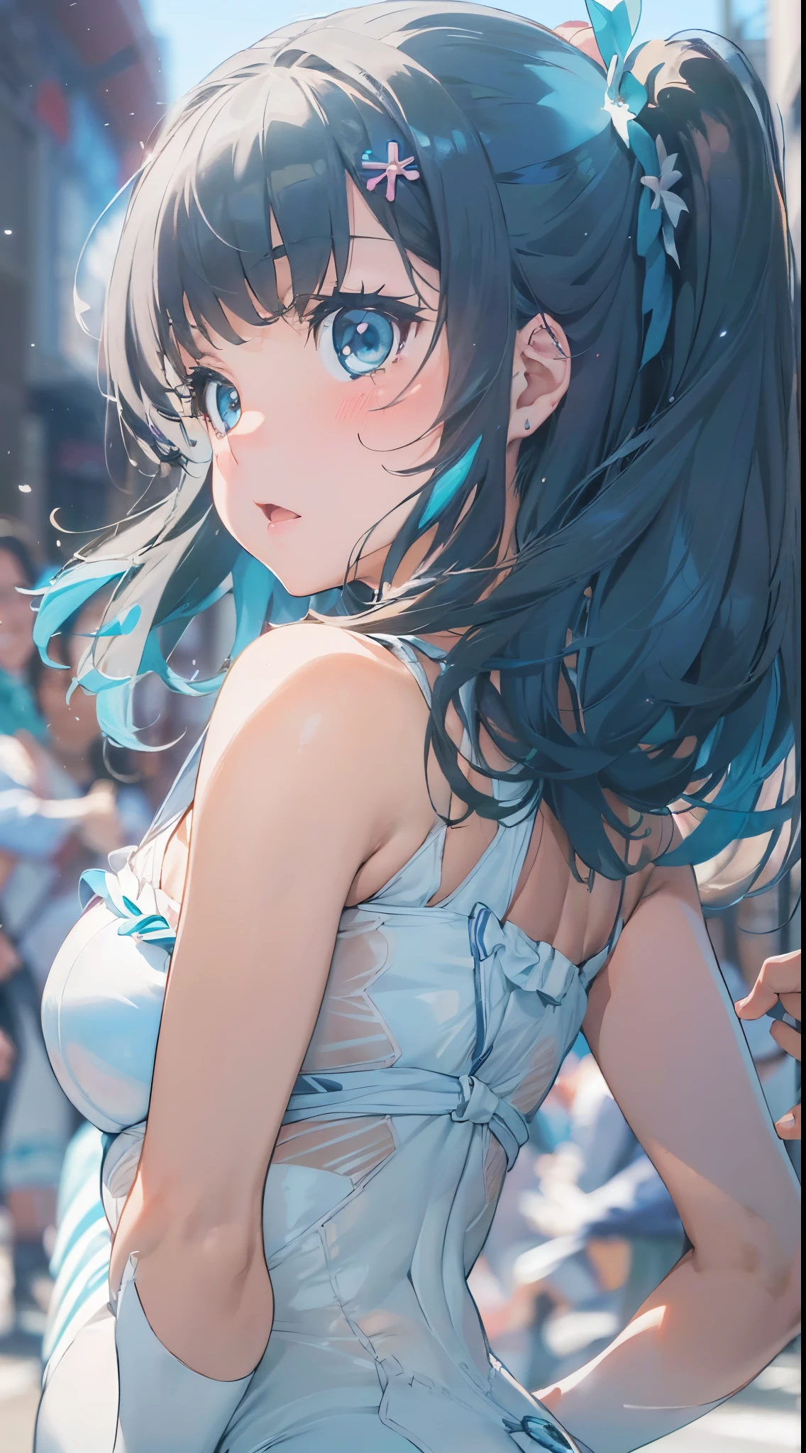 1womanl,Black hair,ar old Impatient expression)),Beautiful breasts,(((Sexy magical girl white and blue high-leg bodysuit)))(())(((Blushing cheeks、Surprised look)),((())),((( portlate))),Blue eyes,(((Bangs are aligned)))()Street,Crowds(magical girl hair ornament)