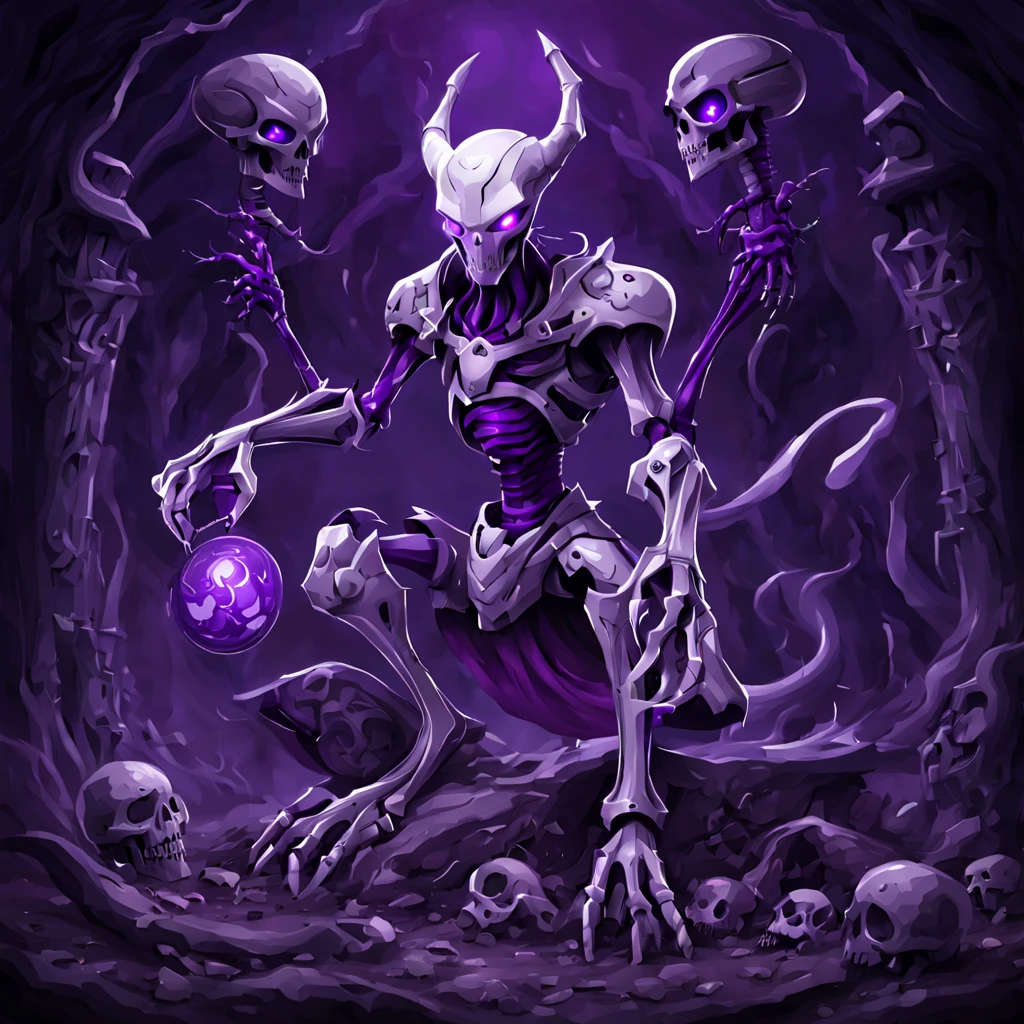 Bone Servant Mewtwo undead and skelly with purple and grey armor nightmarish, masterpiece, best quality, background graveyard, in dark fantasy art style