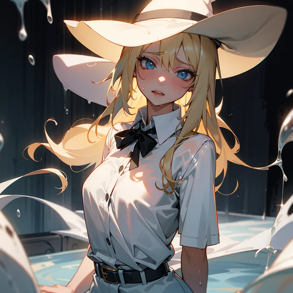 western hat,long blonde woman,Wet white shirt,ecstacy,Flat bust,s girl,hardcore,be frightened,White liquid is on the face