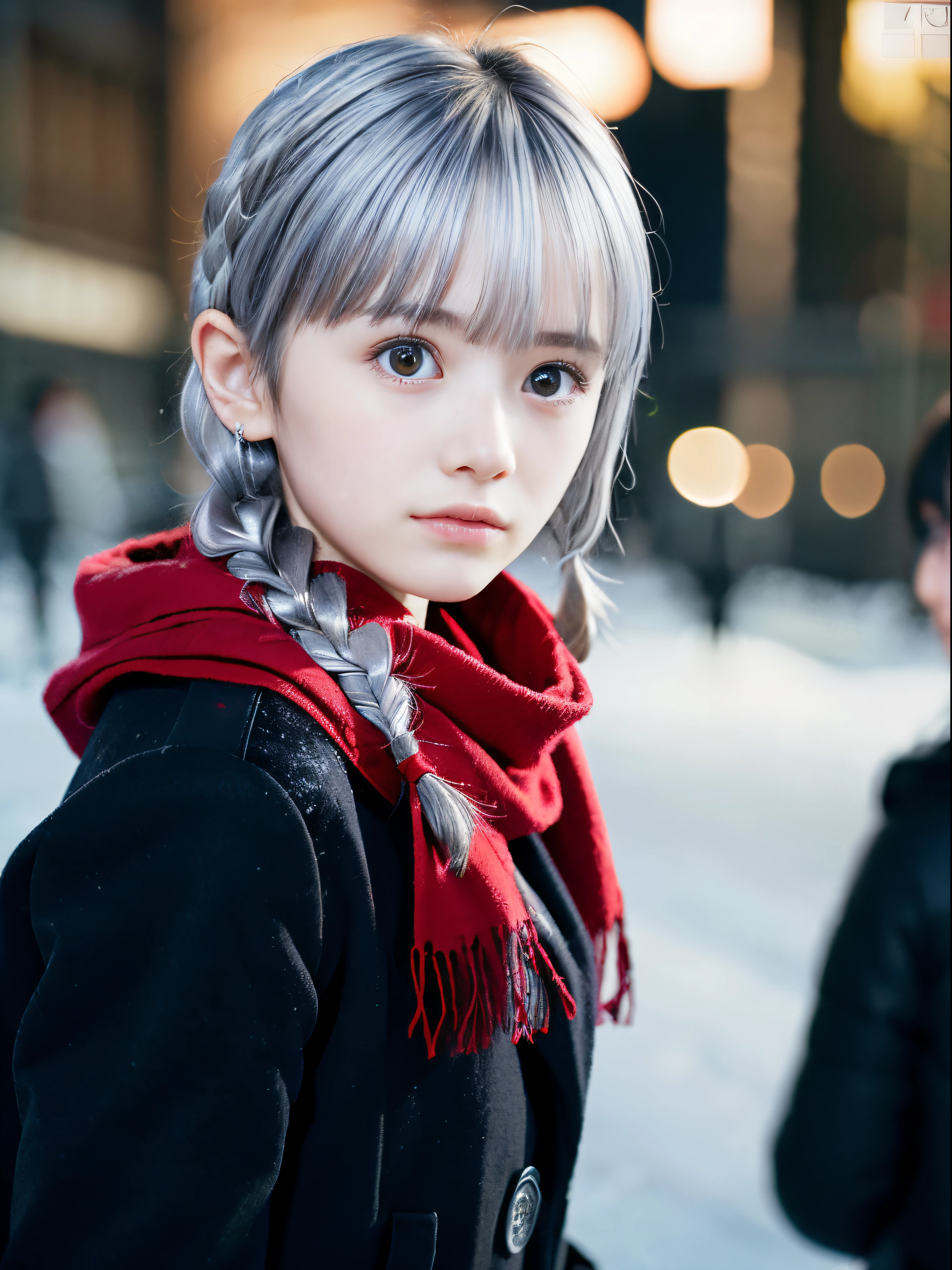 (Close up portrait of twin braid silver color hair girl in black winter coat and red scarf:1.5)、(One girl turn around on the street in Japan at heavy snow night with sad face:1.5)、( Blurry background,:1.5)、(Perfect Anatomy:1.3)、(complete hands:1.3)、(complete fingers:1.3)、Photorealsitic、Raw photography、masutepiece、top-quality、hight resolution、delicate and pretty、face perfect、Beautiful detailed eyes、Fair skin、Real Human Skin、((thin legs))