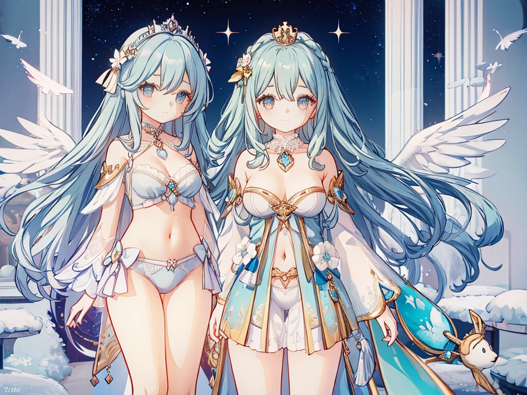1 woman、Radiant hair、fluffy and soft hair、Sparkling eyes、爆乳、Too large breasts、Seductive breasts、Sheer underwear、Tiara of the Goddess、goddess god々Feeling、lace cape、aquamarine choker、Castle Room、Long Lace Bale、Ruffles and ribbons、A smile、The upper part of the body、 A glowing wand made of crystal.、Wings encrusted with aquamarine、A benevolent look、Eternal brilliance、Too large breasts、爆乳、puffy chest、Cinderella's Castle、Navel Ejection、I can see my nipples