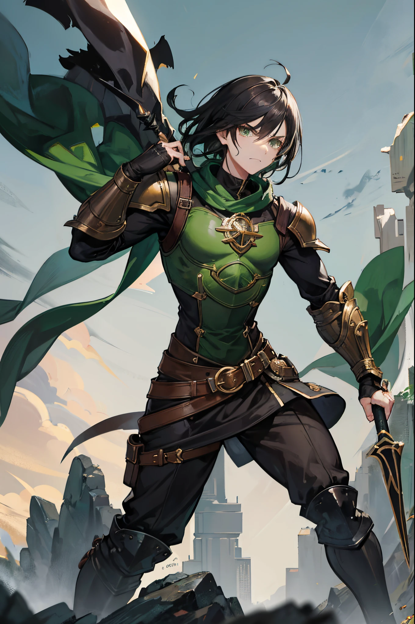 Black hair, green eyes, dnd male halfling, serious facial expression, rogue, light armor, full body portrait, wearing monocle, holding polearm, flat chest, defined muscle