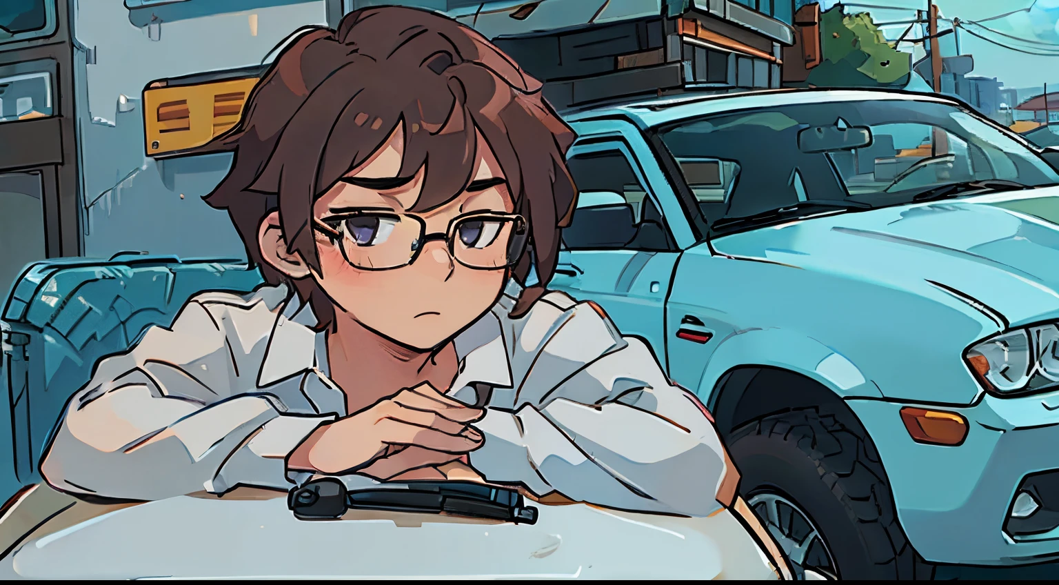 Cute male character leaning on a car and wearing glasses