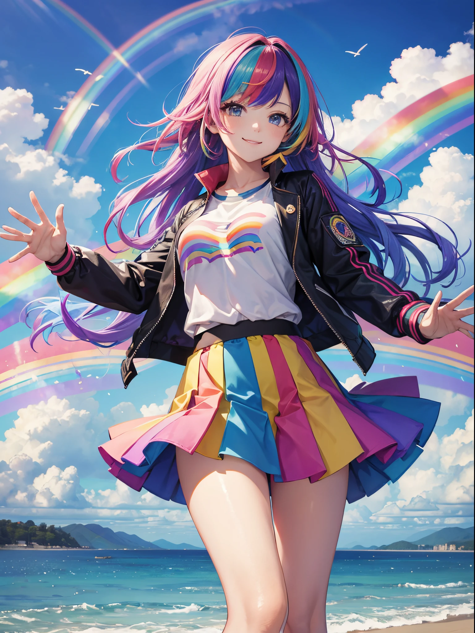 master piece,best quality, Solo woman, cute, dynamic pose, Rainbow-colored jacket, Rainbow-colored tight skirt, shy smile, Rainbow-colored hair, long hair, waving in a strong wind hair,Rainbow-colored city,Rainbow